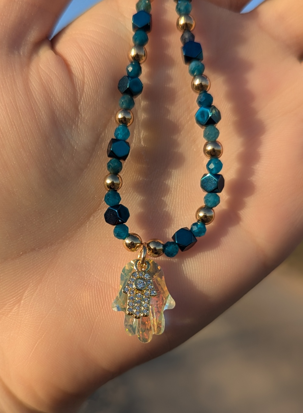 Glass and Gold Zirconia Hamsa with Apatite Gemstone Beads