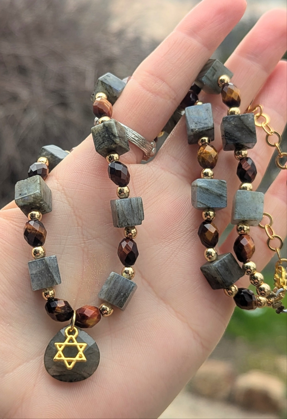 Labradorite Cubes and Tiger's Eye Star of David Necklace