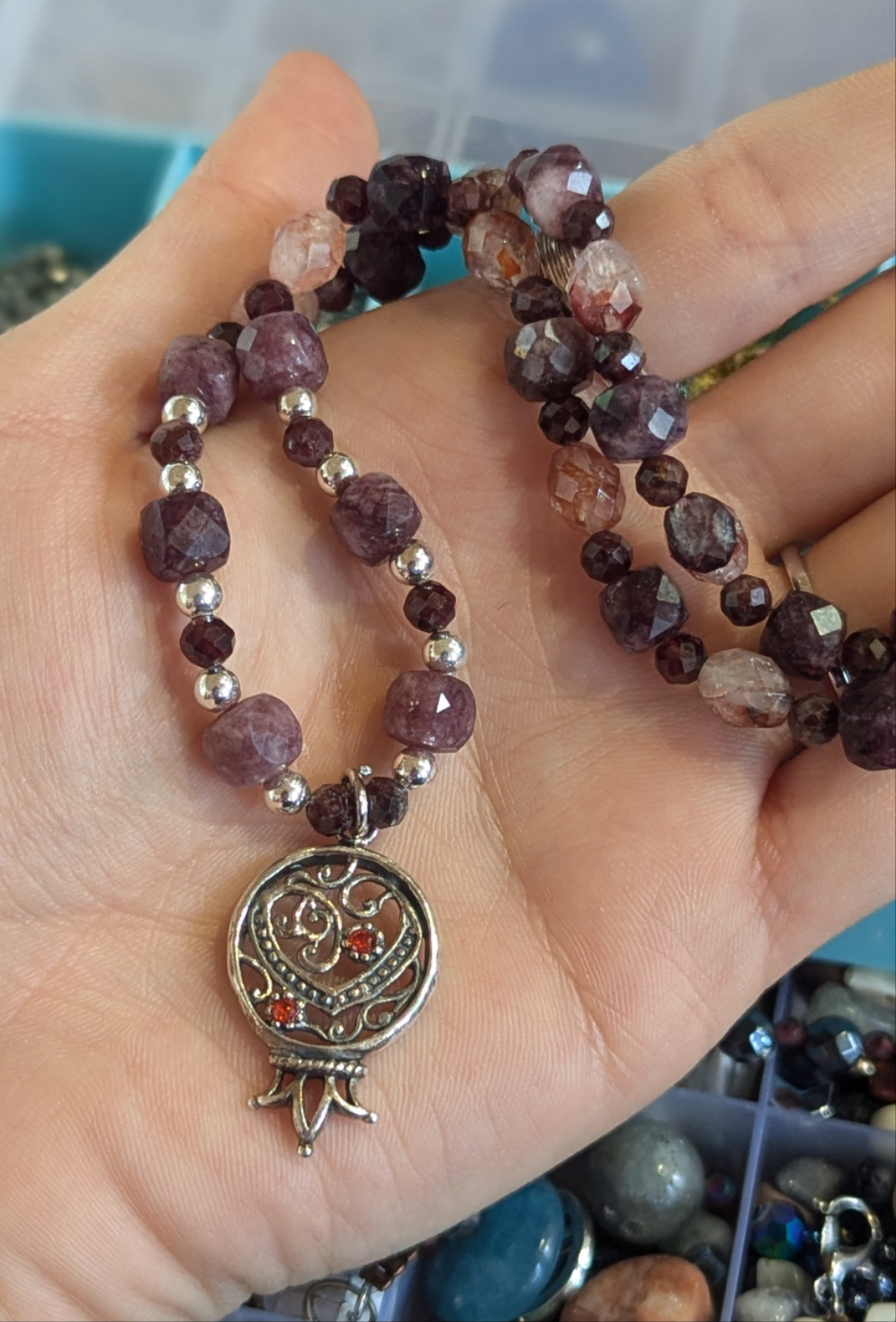 Pomegranate Garnet Cubes Sterling Silver Necklace