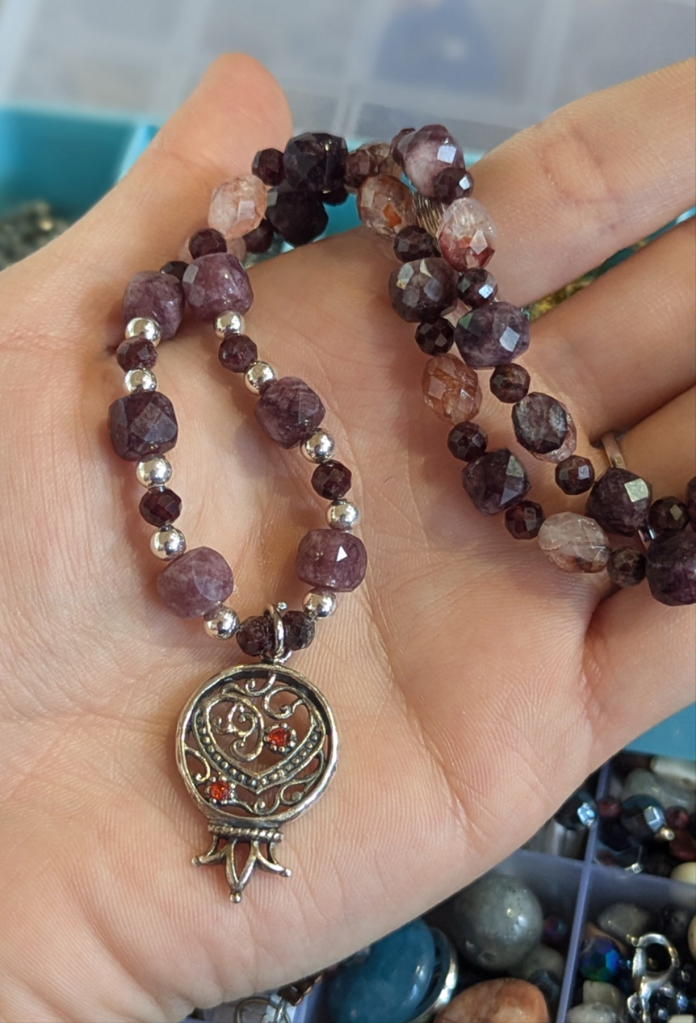 Pomegranate Garnet Cubes Sterling Silver Necklace