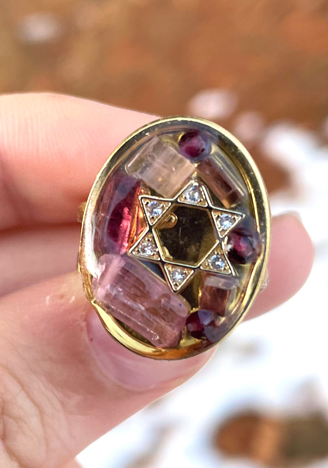 Pink Tourmaline Gemstones Magen David Ring in Gold Plated Adjustable Stainless