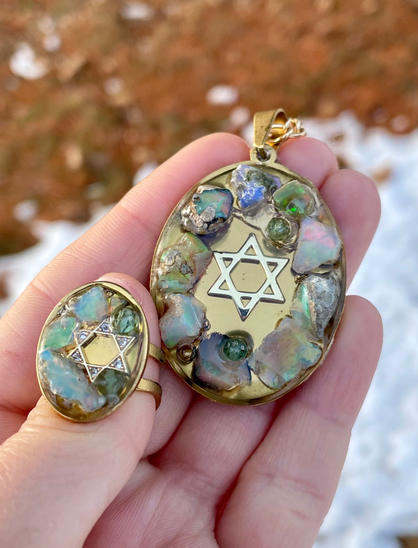 White Green Opal Gemstones Magen David Gold Plated Stainless Large Oval Pendant