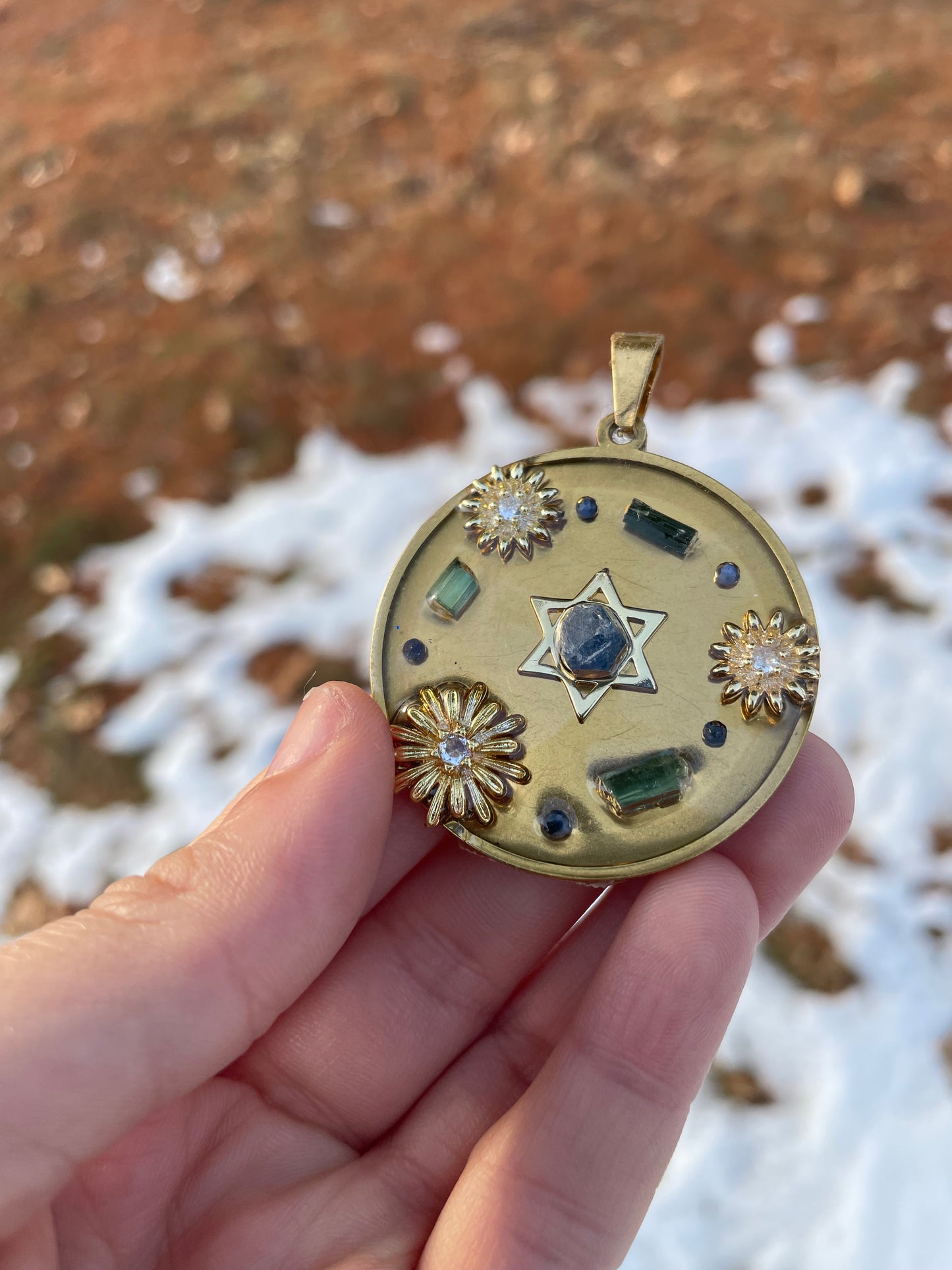 Blue Sapphires and Green Blue Tourmaline Flowers Magen David Large Round Gold plated Pendant
