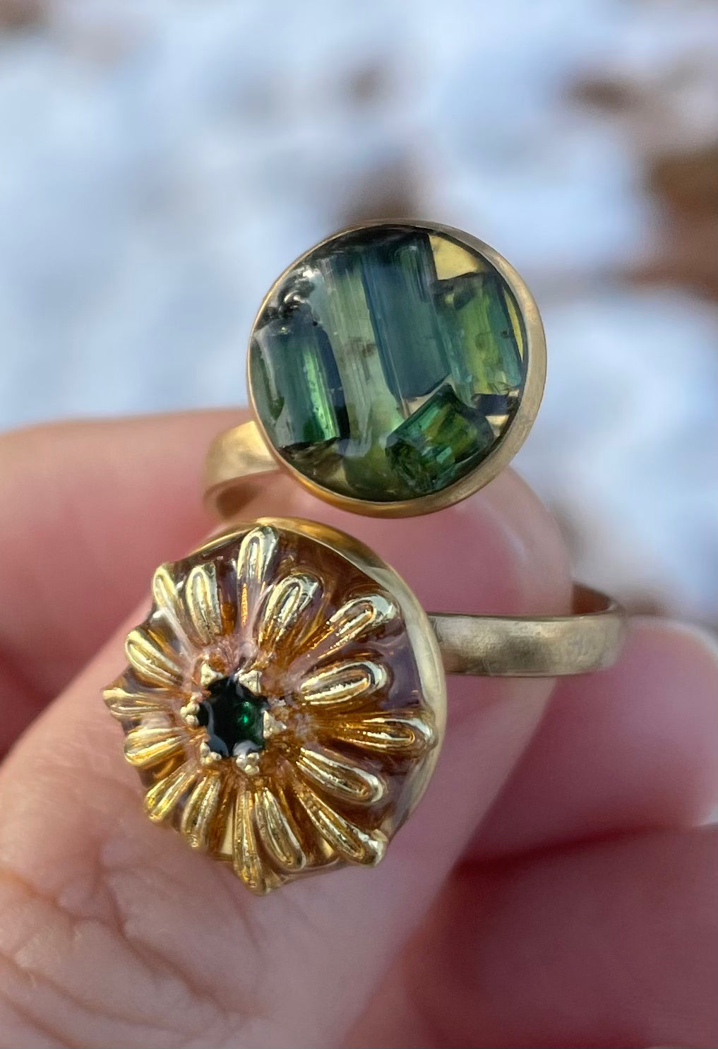 Green Tourmaline & Green Zirconia Flower Adjustable Ring