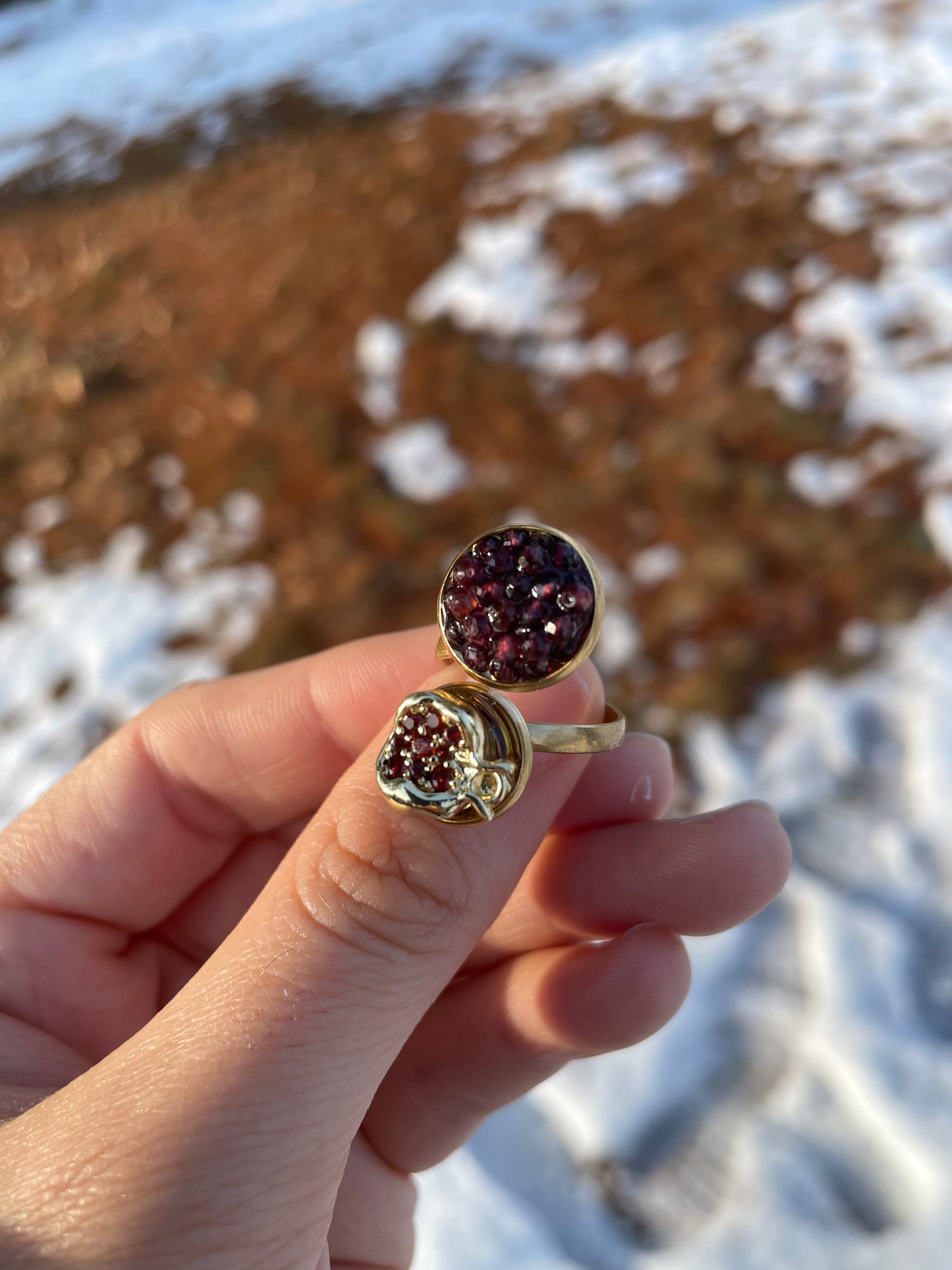 Garnet Gemstones and Pomegranate Gold Plated Stainless Ring