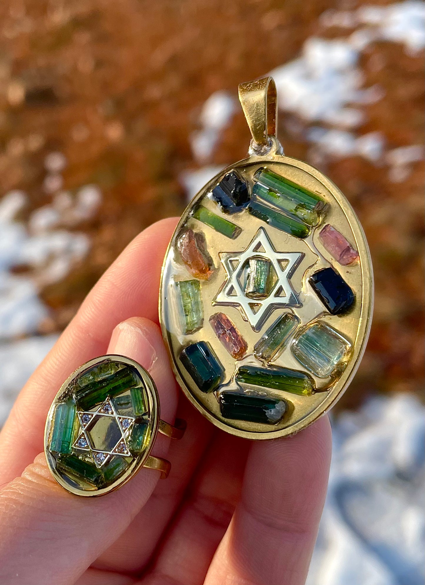 Green Tourmaline Treasures Gemstones Magen David Ring in Gold Plated Adjustable Stainless