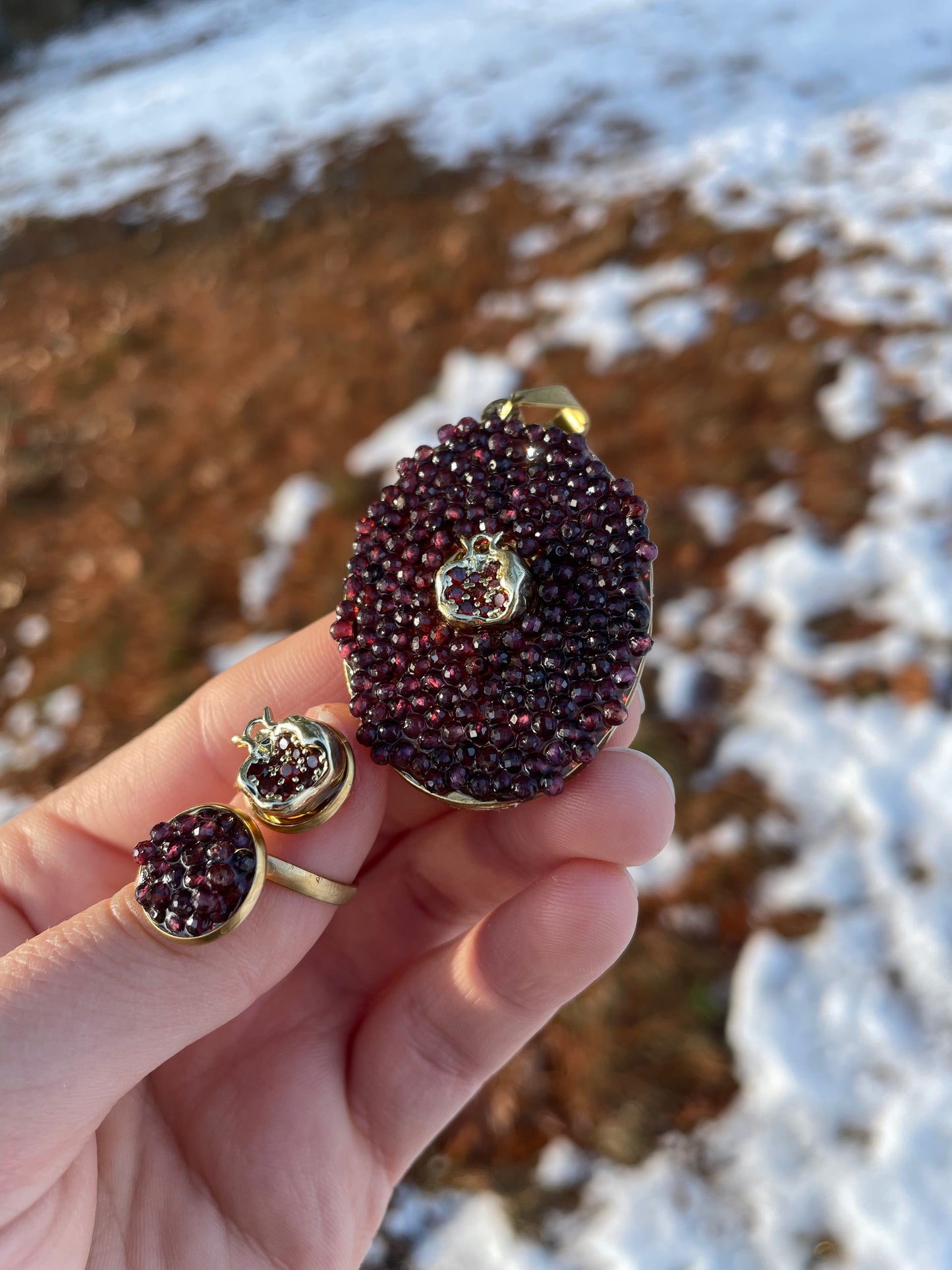 The Many Many Garnet Gemstones Pomegranate Large Pendant