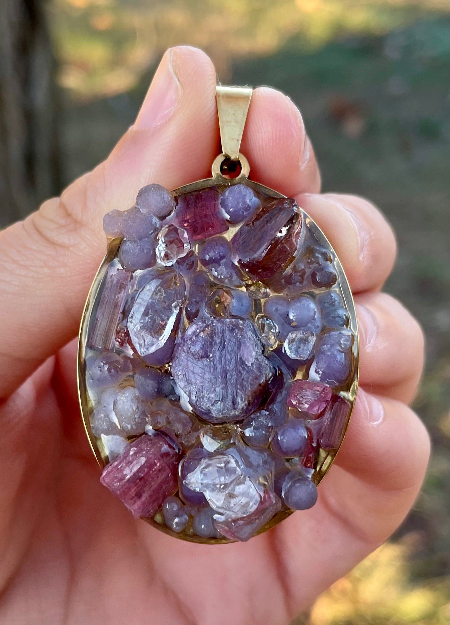 Fantasy Encapsulating: Ruby, Quartz, Grape Agate & Pink Tourmaline Raw Gemstones Pendant