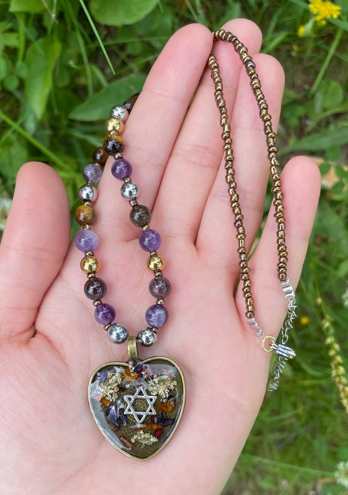 An Israeli Cottage Core Dream with Israeli Flowers, Silver Magen David and Gemstones Necklace