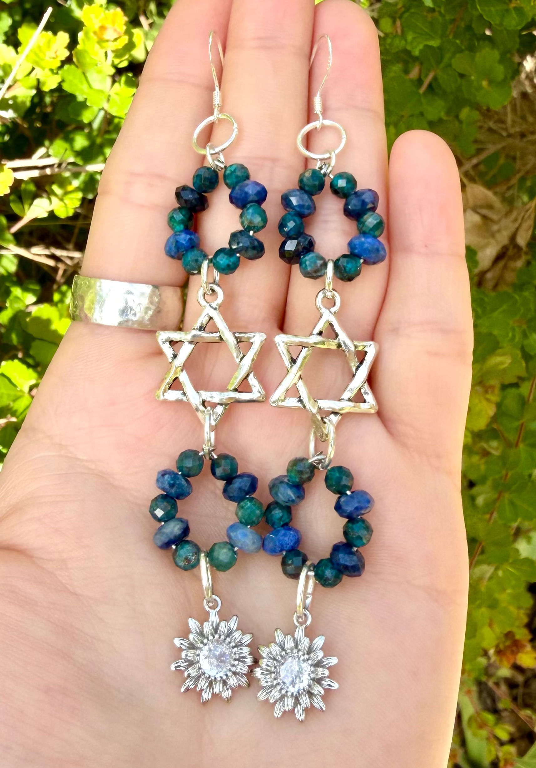 Sodalite & Apatite Gemstones Long Magen David Zirconia Flower