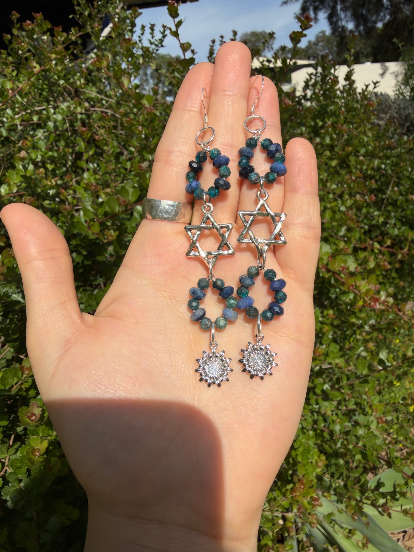 Sodalite & Apatite Gemstones Long Magen David Zirconia Flower Earrings Sterling Silver Hooks