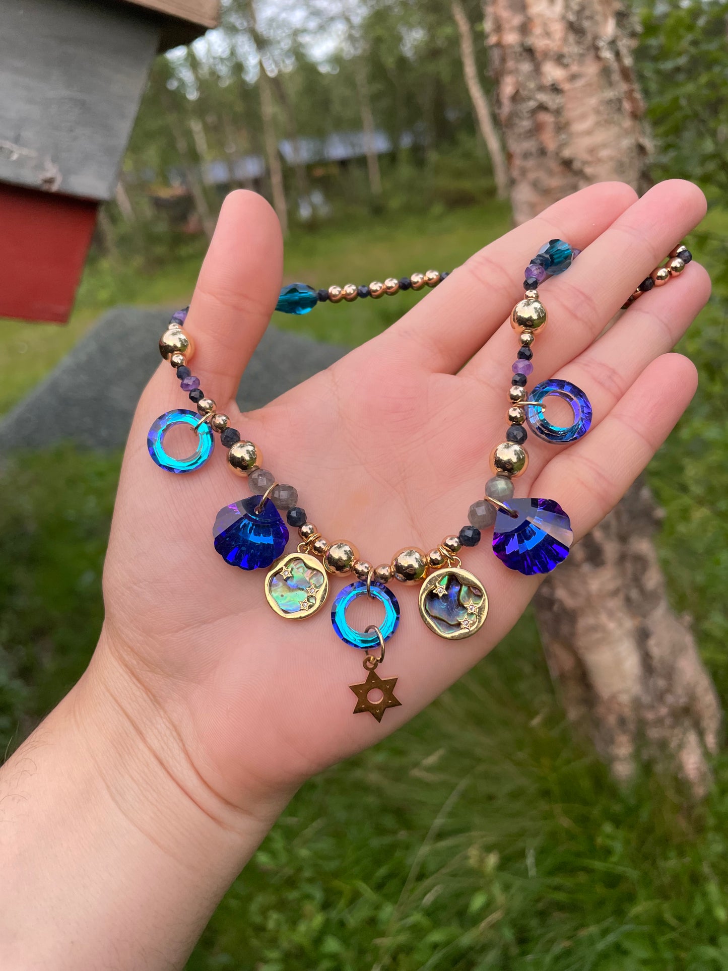 Jewish Queen of the Sea with Gold Plated Magen David, Abalone Shells and Faceted Glass