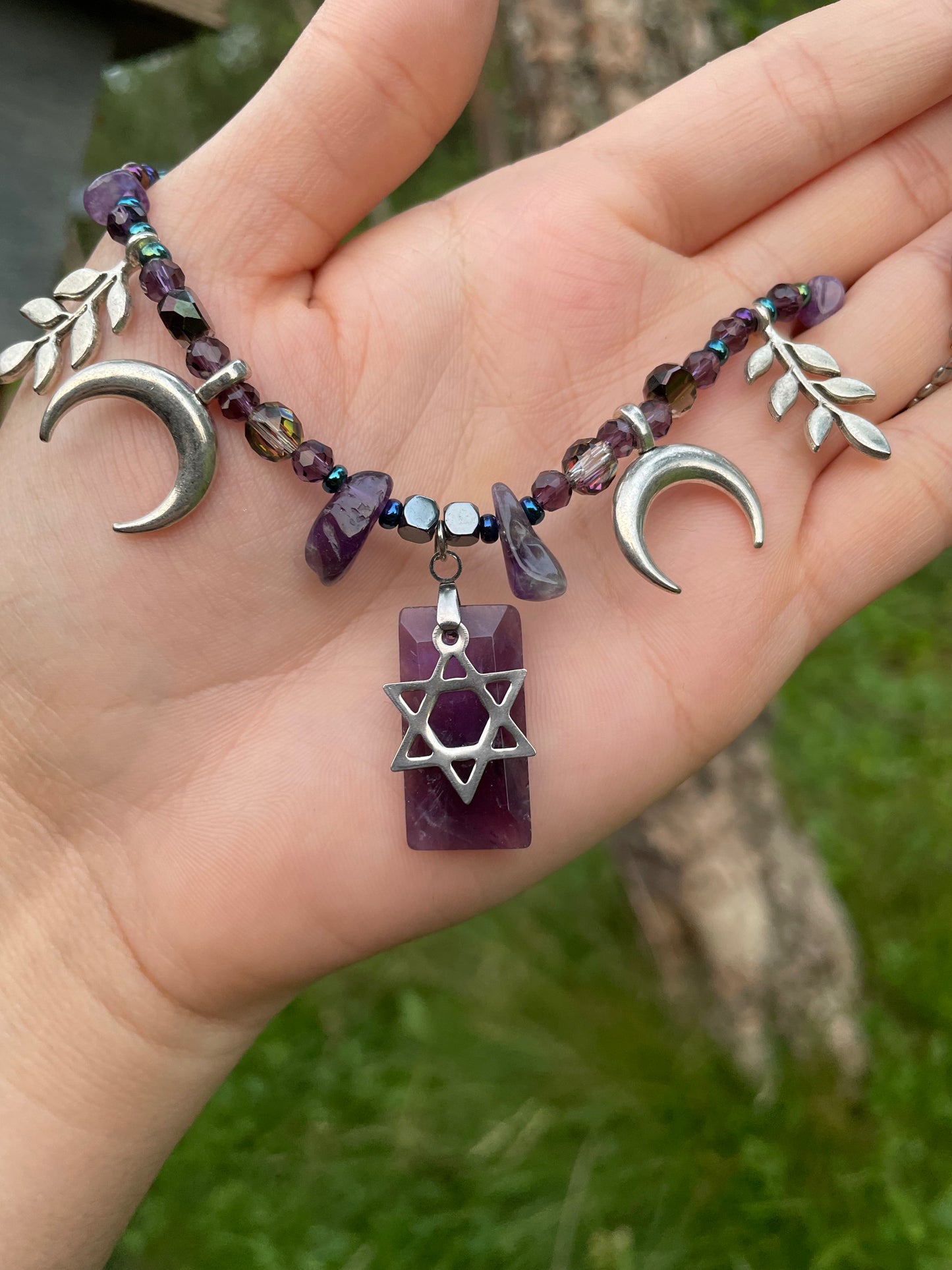 Jewish Queen of the Night Amethyst Gemstones Moons and Magen David Necklace