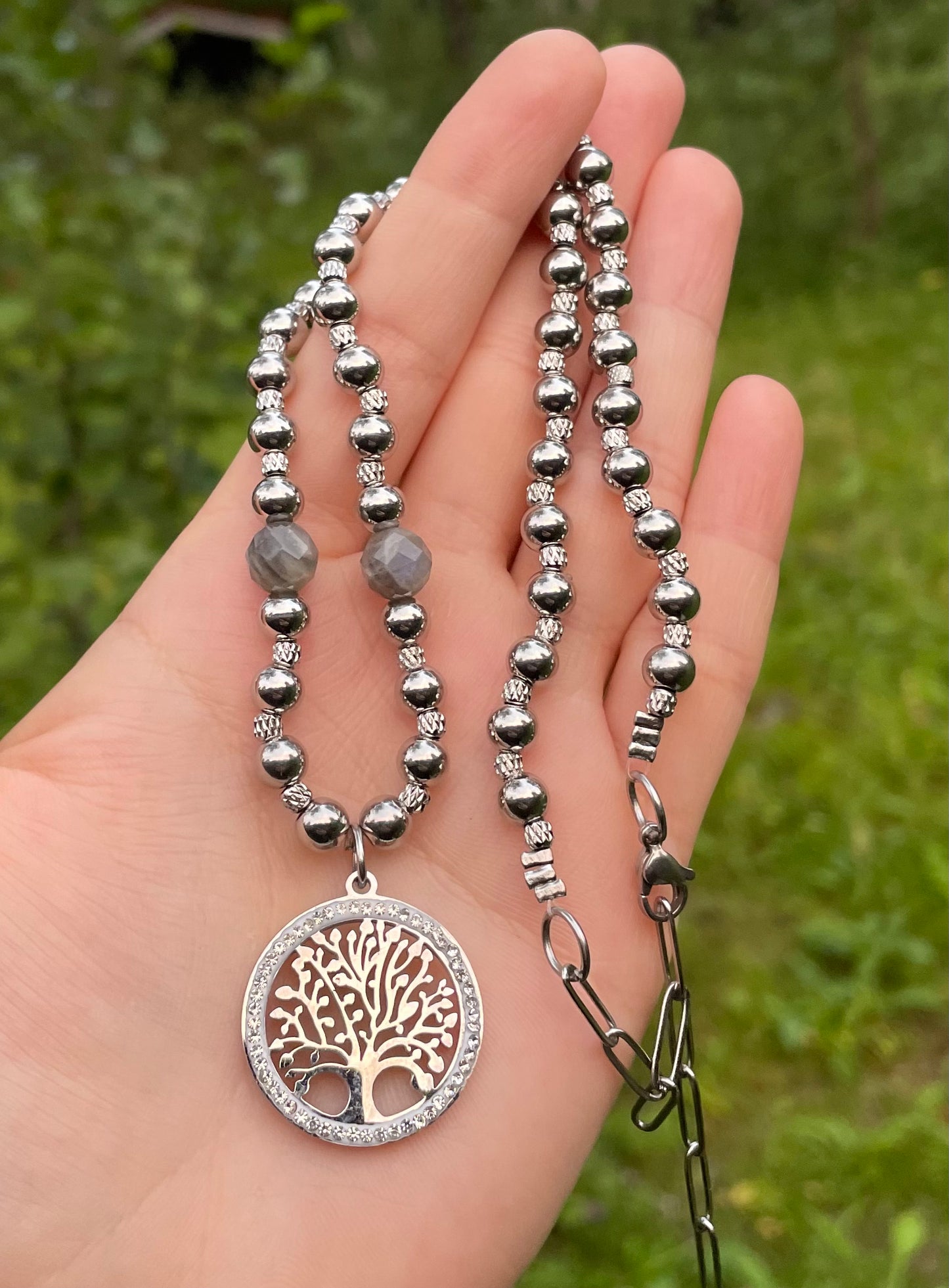 Tree of Life Zirconia, Stainless Steel & Labradorite Gemstones Beaded Necklace