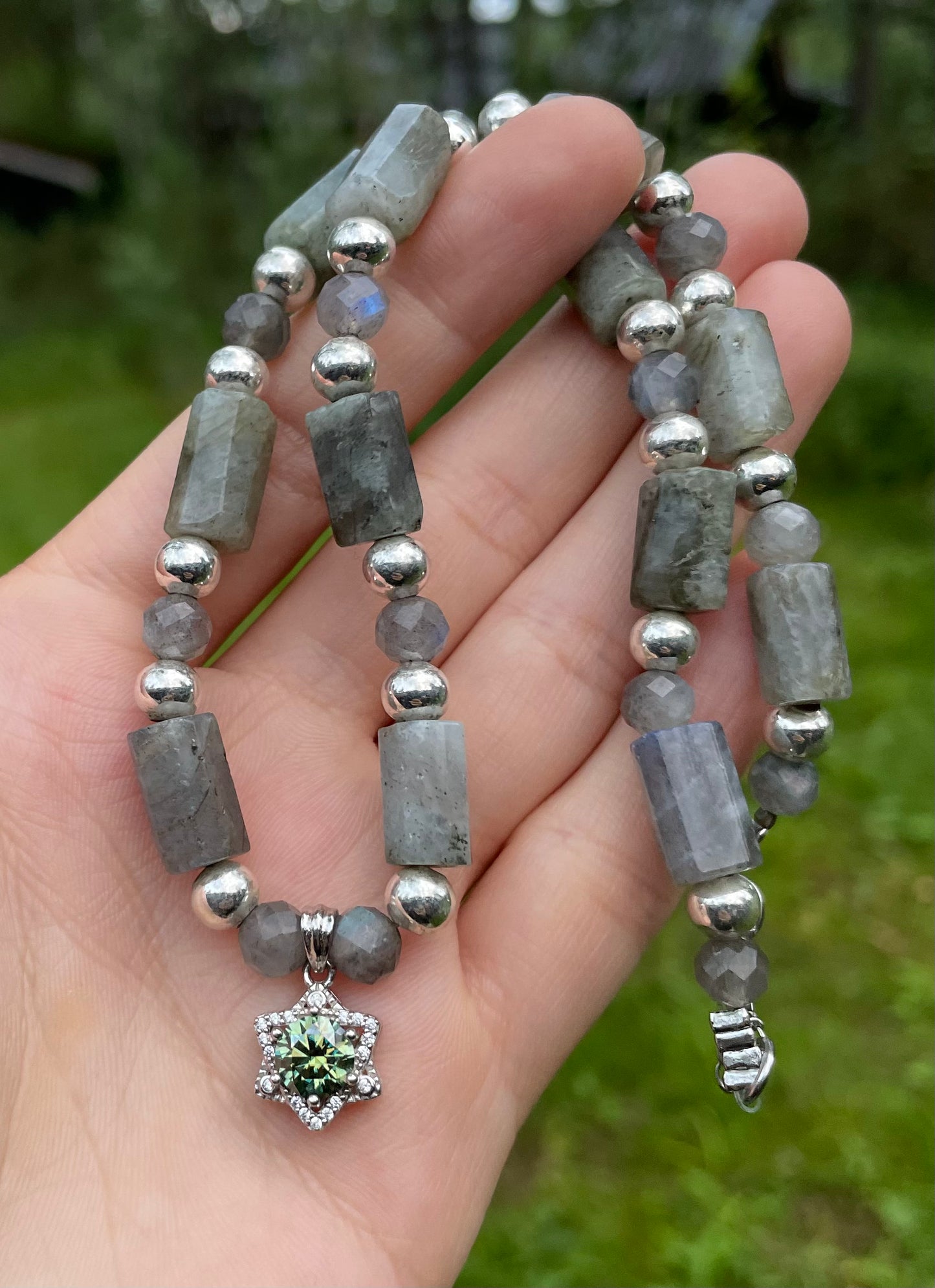 Blue Green Moissanite Magen David & Labradorite Gemstones