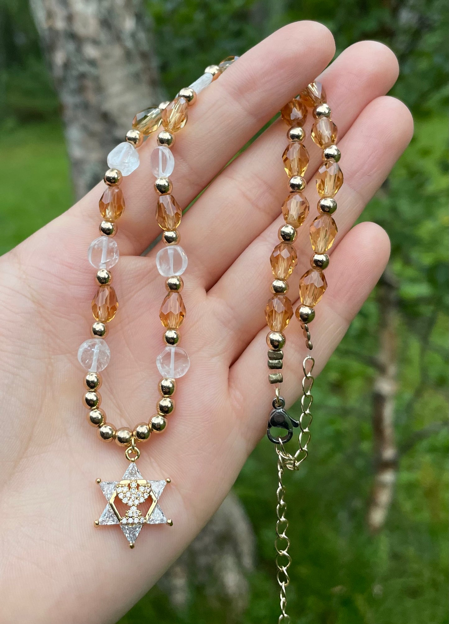 Menorah Magen David Zirconia and Glass Beaded Gold and White Necklace