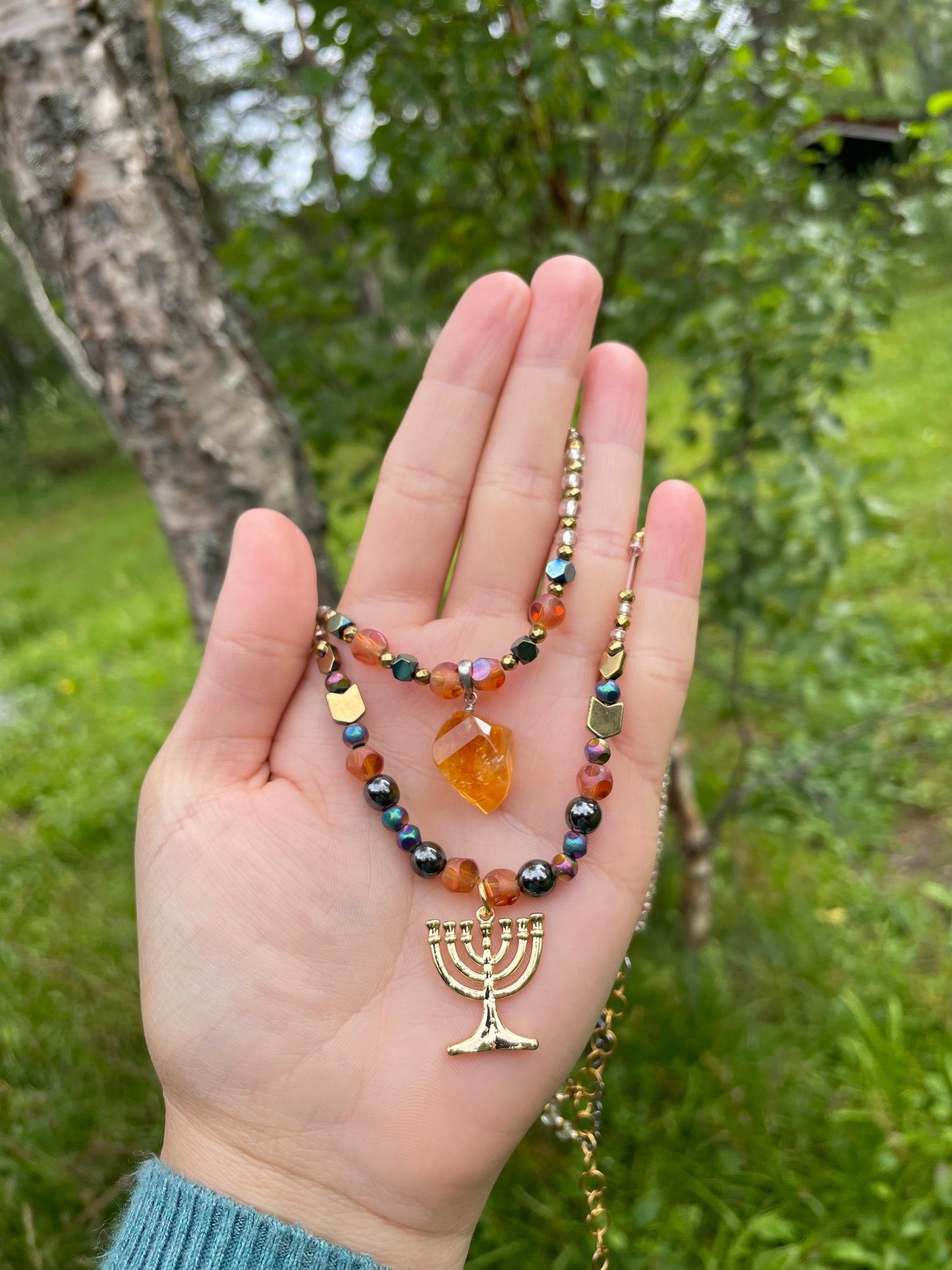 Citrine & Menorah Layered Beaded Handmade Necklaces