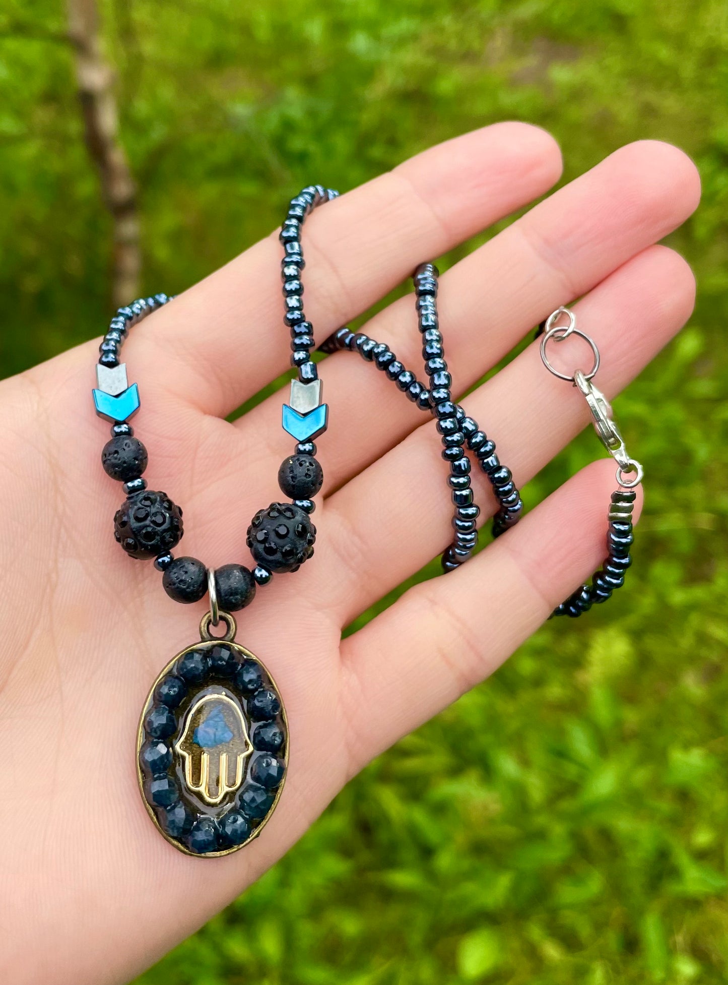 Hamsa Blue Flower Sapphire Gemstones Glass Beaded Necklace