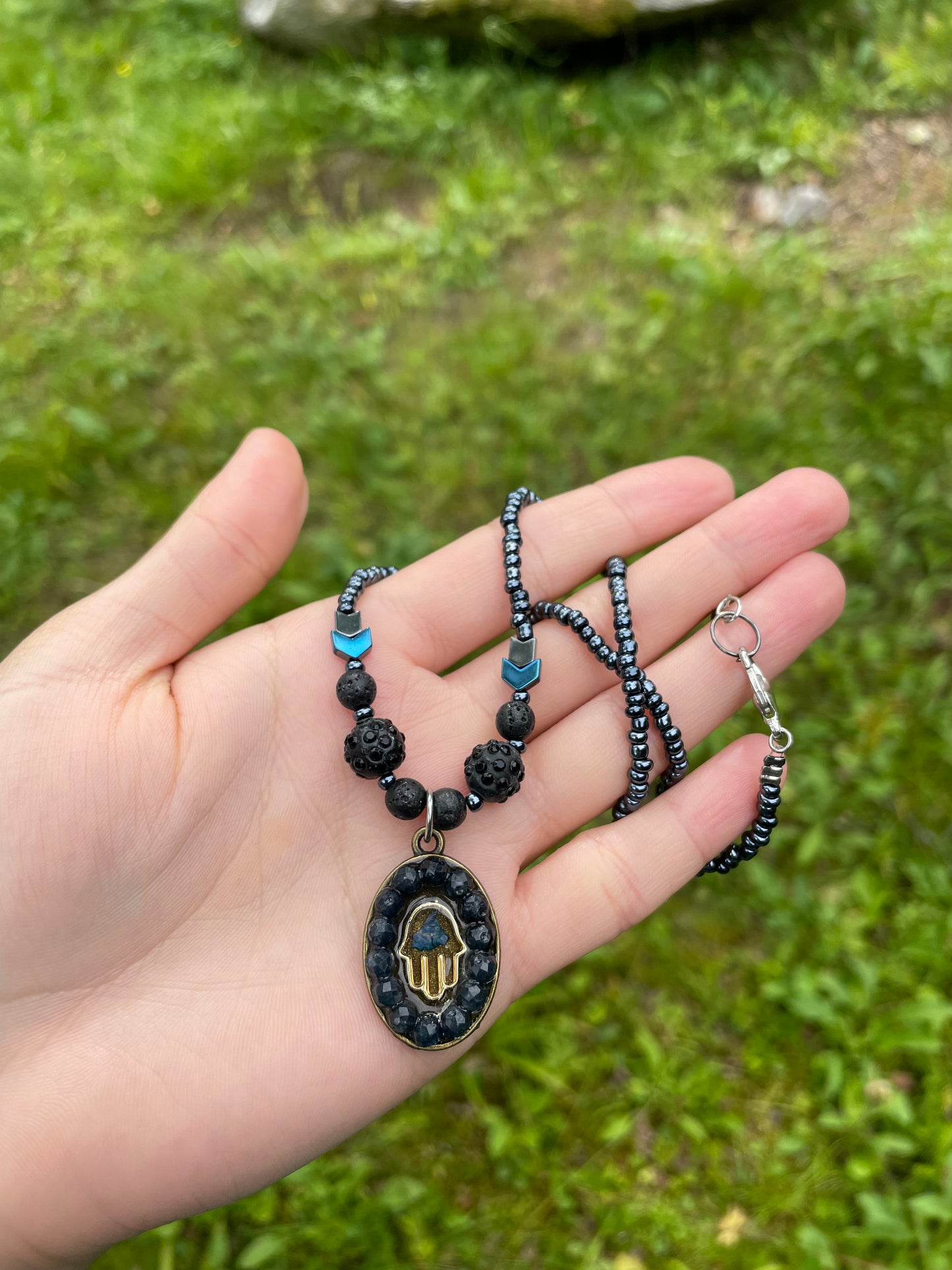 Hamsa Blue Flower Sapphire Gemstones Glass Beaded Necklace