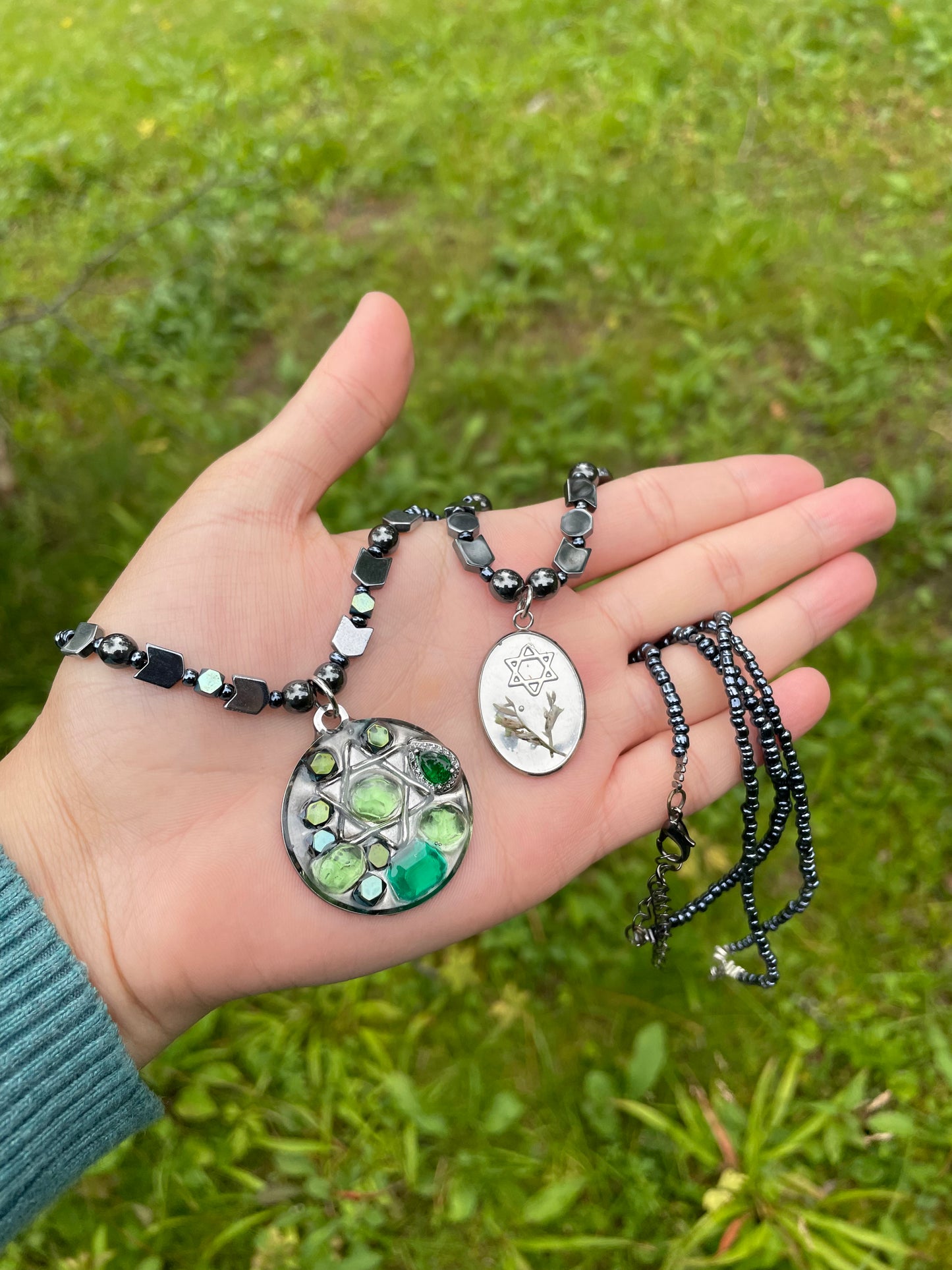 Green Israeli Flowers and Charms Magen David Silver Layered Beaded Necklaces Set