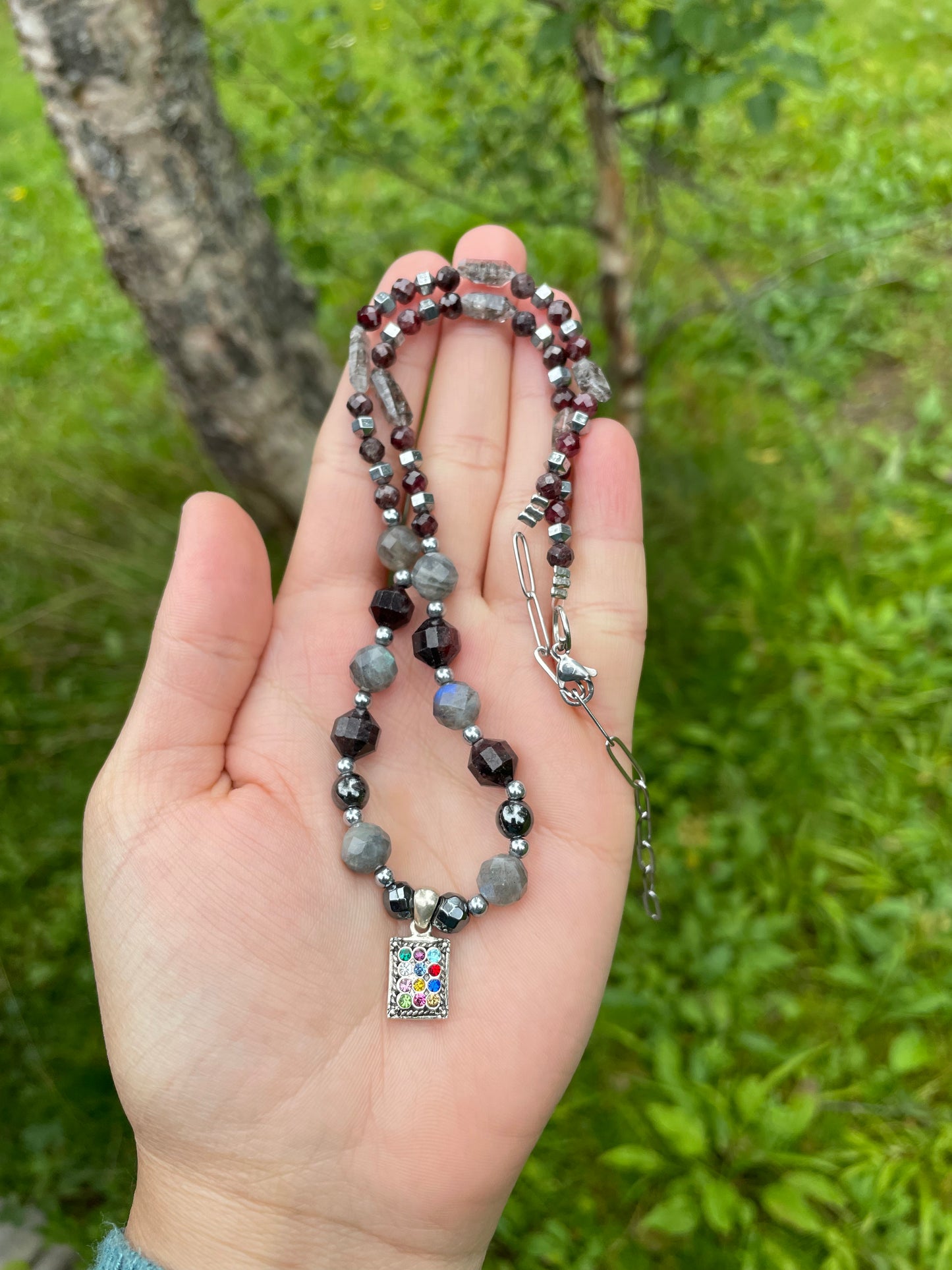 12 Tribes of Israel: Garnet, Clear Quartz and Labradorite Beaded 925 Sterling Silver Gemstones Necklace