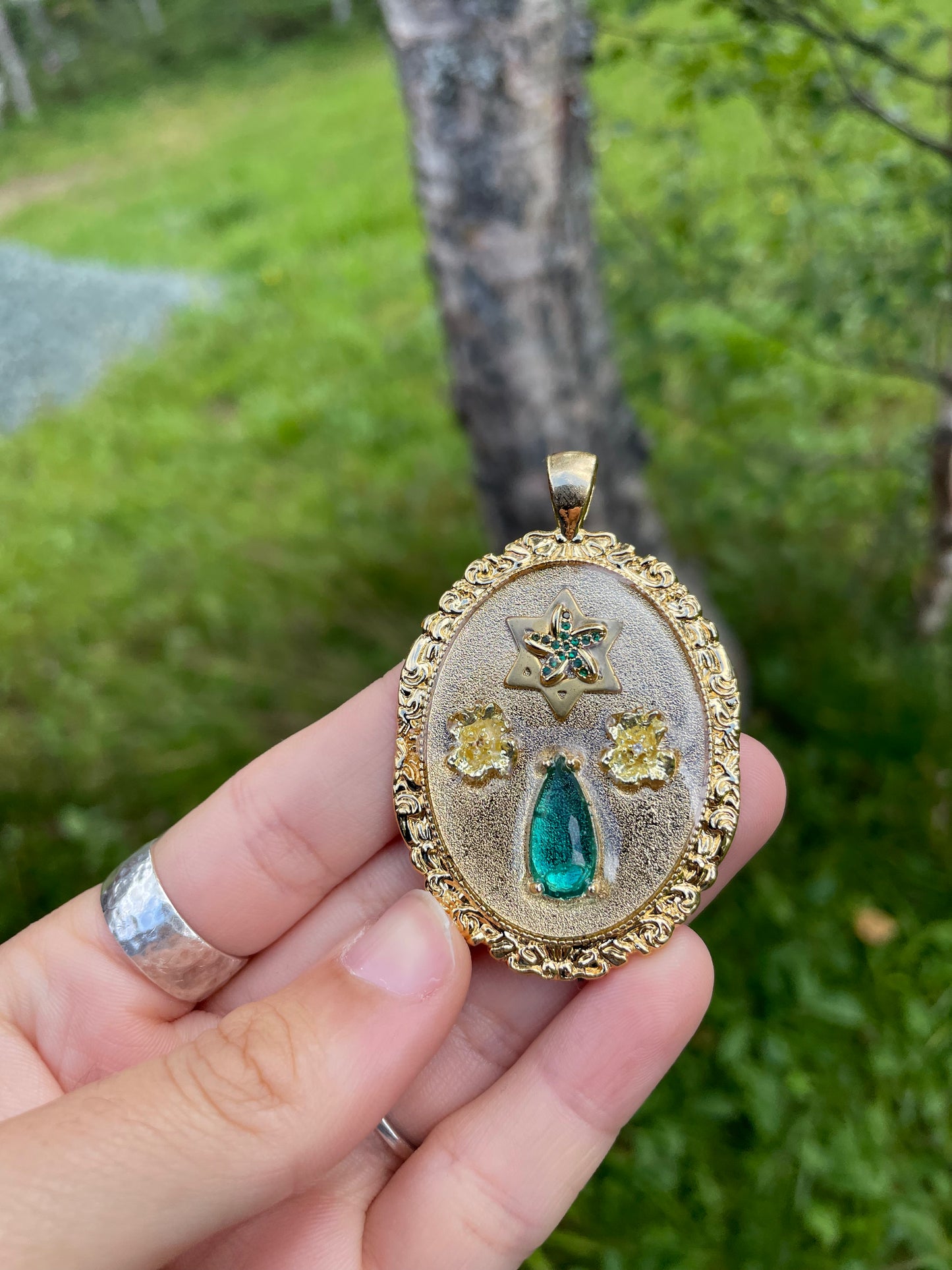 Alana: Green & Gold Flowers Magen David Gold Plated Resin Pendant