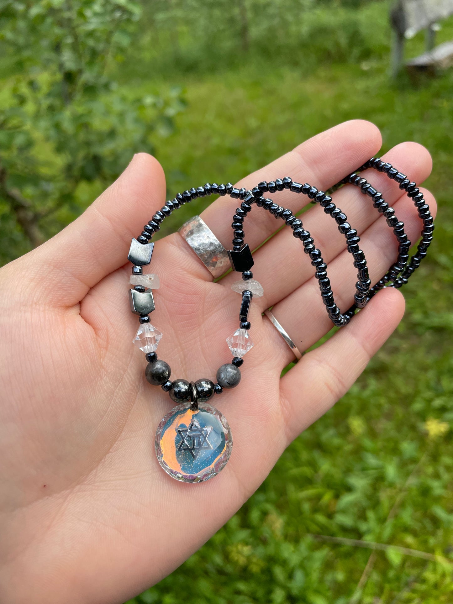 Chai Magen David Reflective Round Glass Beaded Dark Blue and Grey Gemstones Necklace