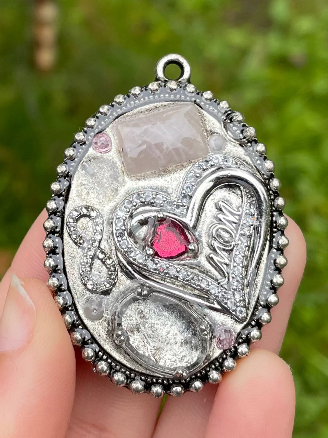 I love you Mom pendant: with Rose Quartz gemstones, zirconia infinity symbol, heart and clear quartz