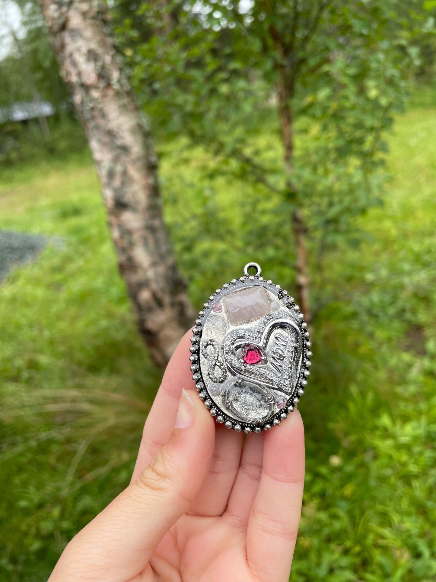 I love you Mom pendant: with Rose Quartz gemstones, zirconia infinity symbol, heart and clear quartz