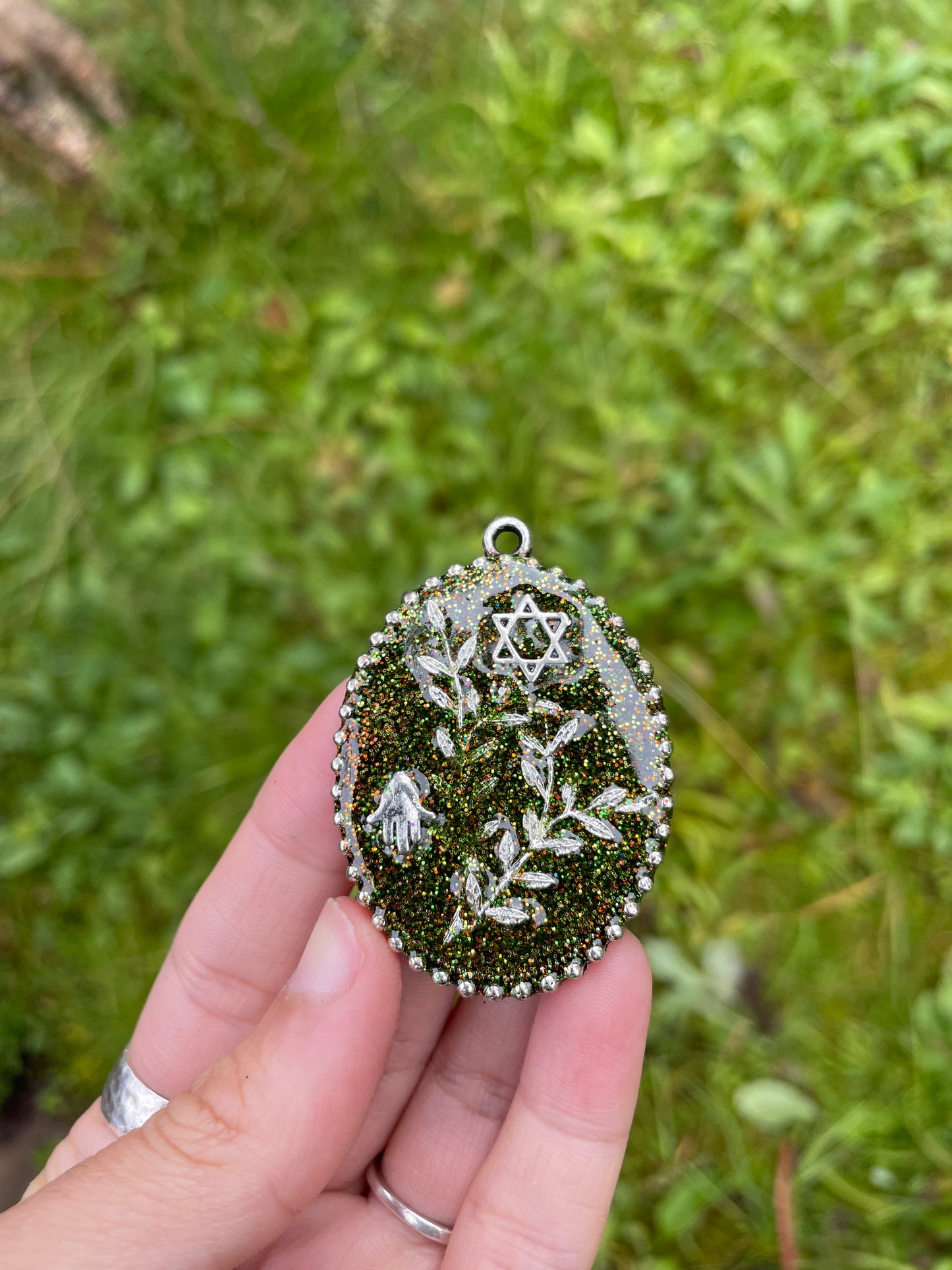 Secret Garden Melody: Hamsa and Magen David, Silver Leaves and Mixed Green Orange Shine
