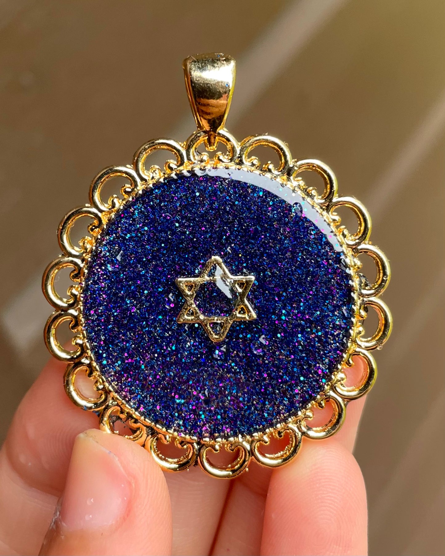 Soul of the Galaxies: Gold plated Magen David and Round Decorated frame with Purple and Blue mIxed Shine