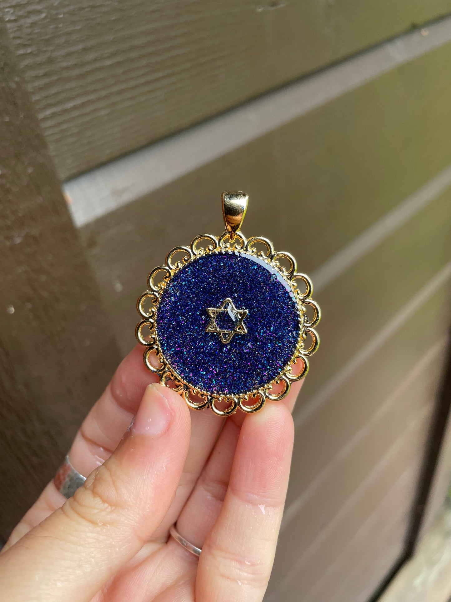 Soul of the Galaxies: Gold plated Magen David and Round Decorated frame with Purple and Blue mIxed Shine