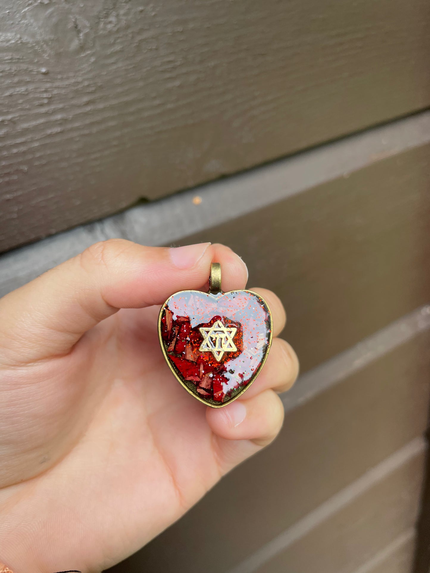 Red Israeli Flowers Heart Resin Pendant with gold plated Chai Magen David and Red Sparkles