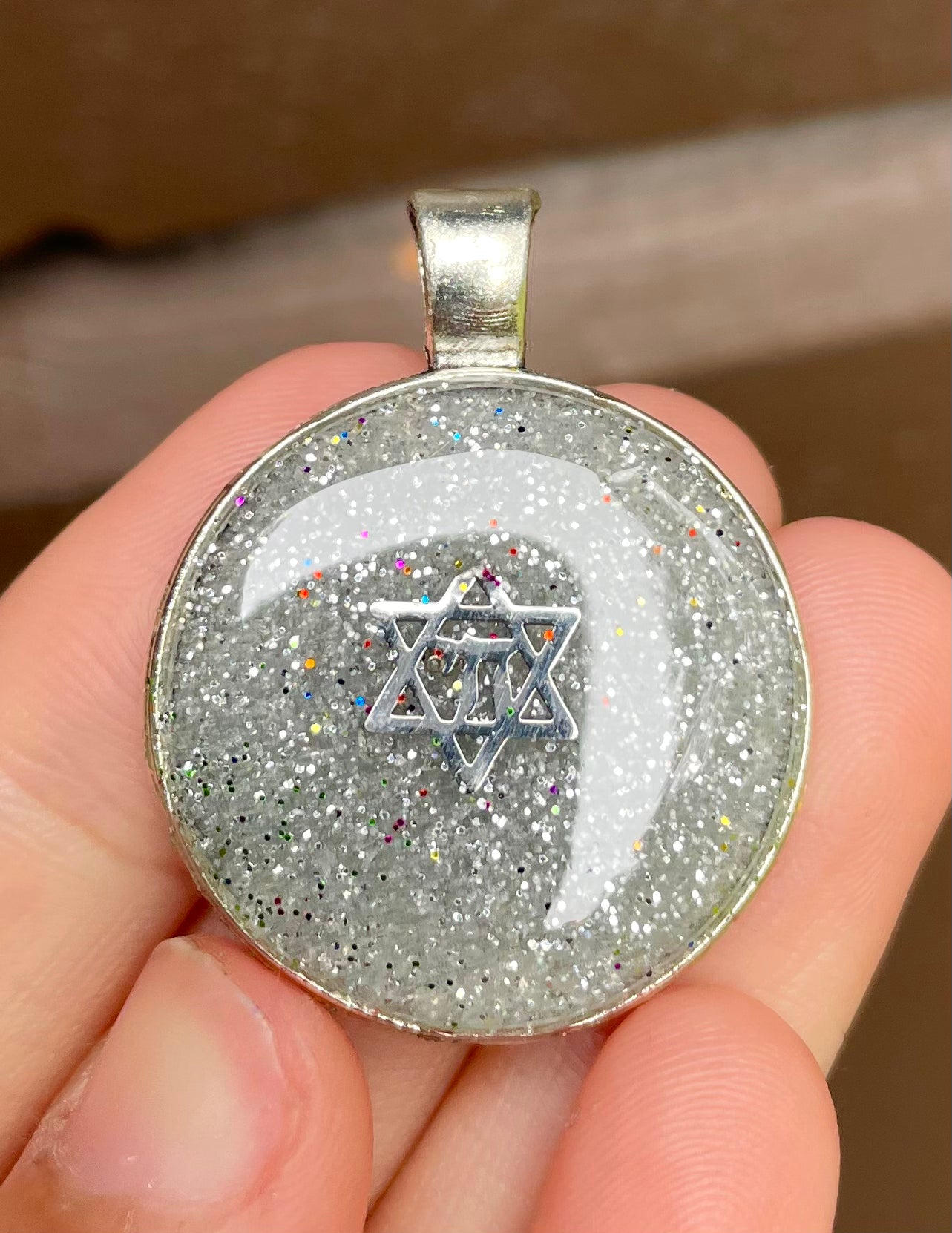 Silver Shine Round Chai Magen David Resin Pendant with Red Purple Green Blue Sparkle Hints