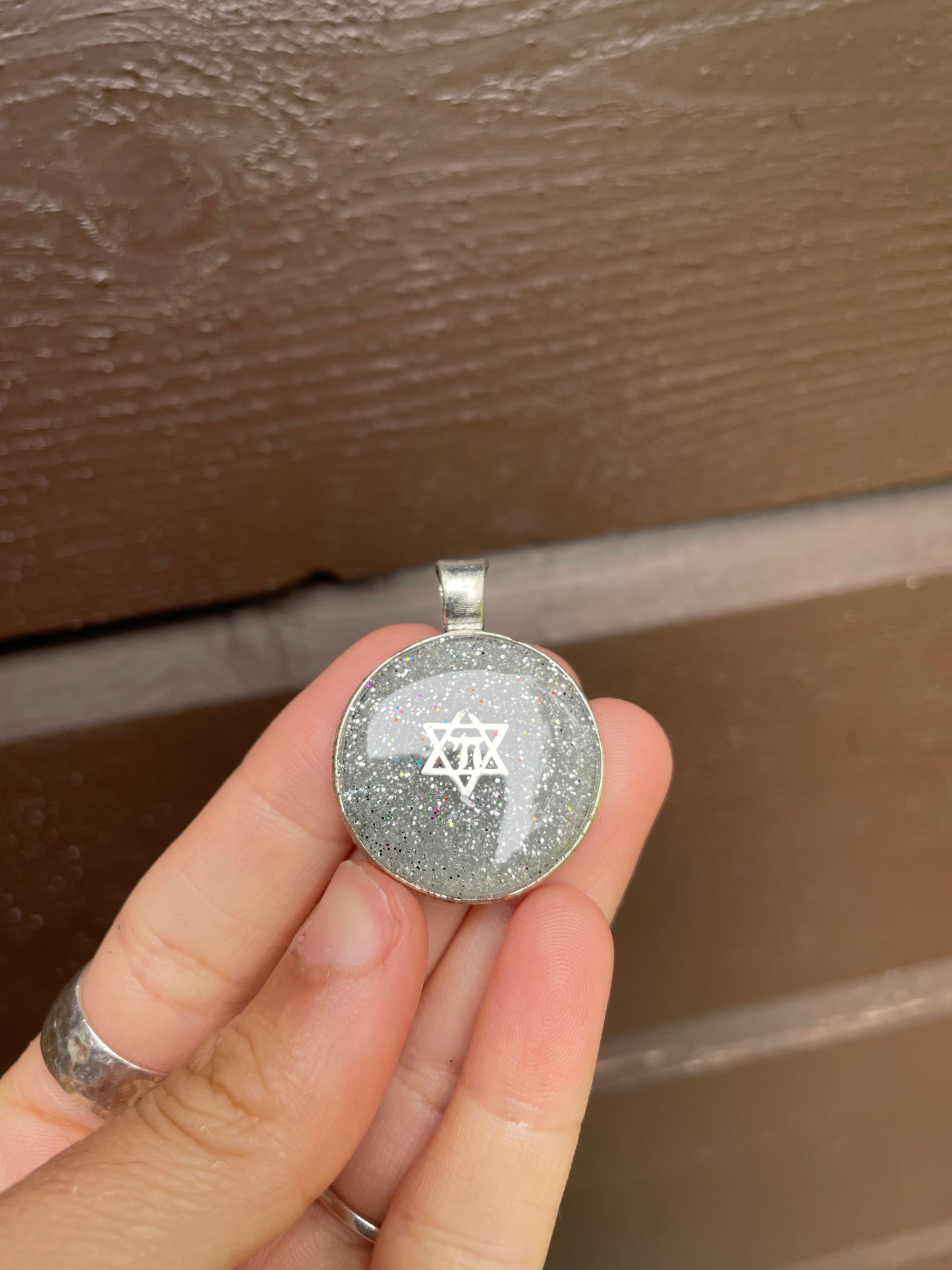 Silver Shine Round Chai Magen David Resin Pendant with Red Purple Green Blue Sparkle Hints