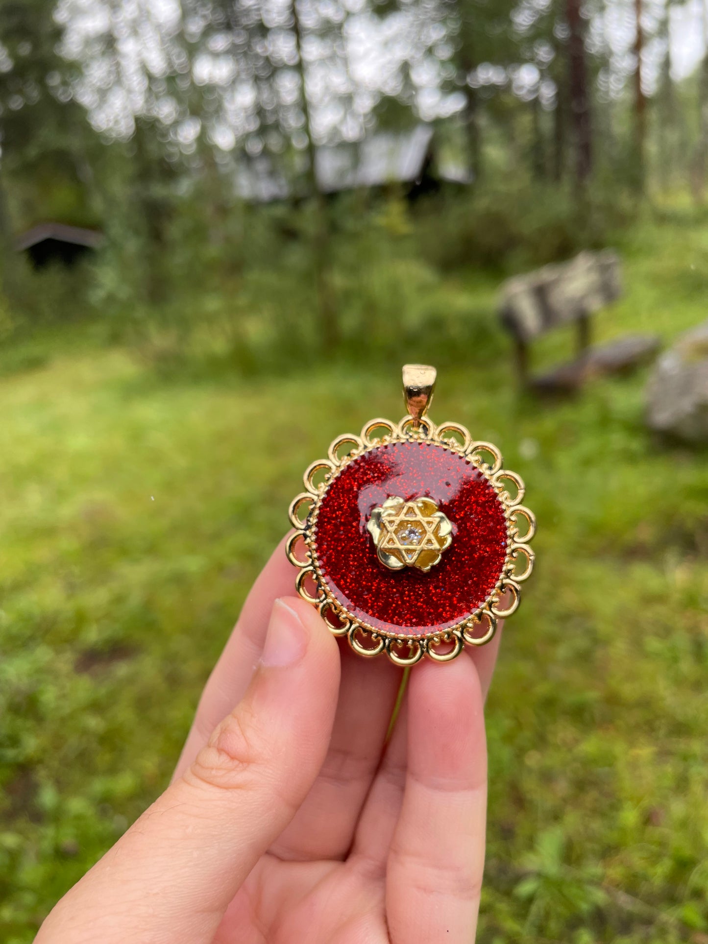 Bright Red Golden Flower and Gold plated Magen David with Zirconia