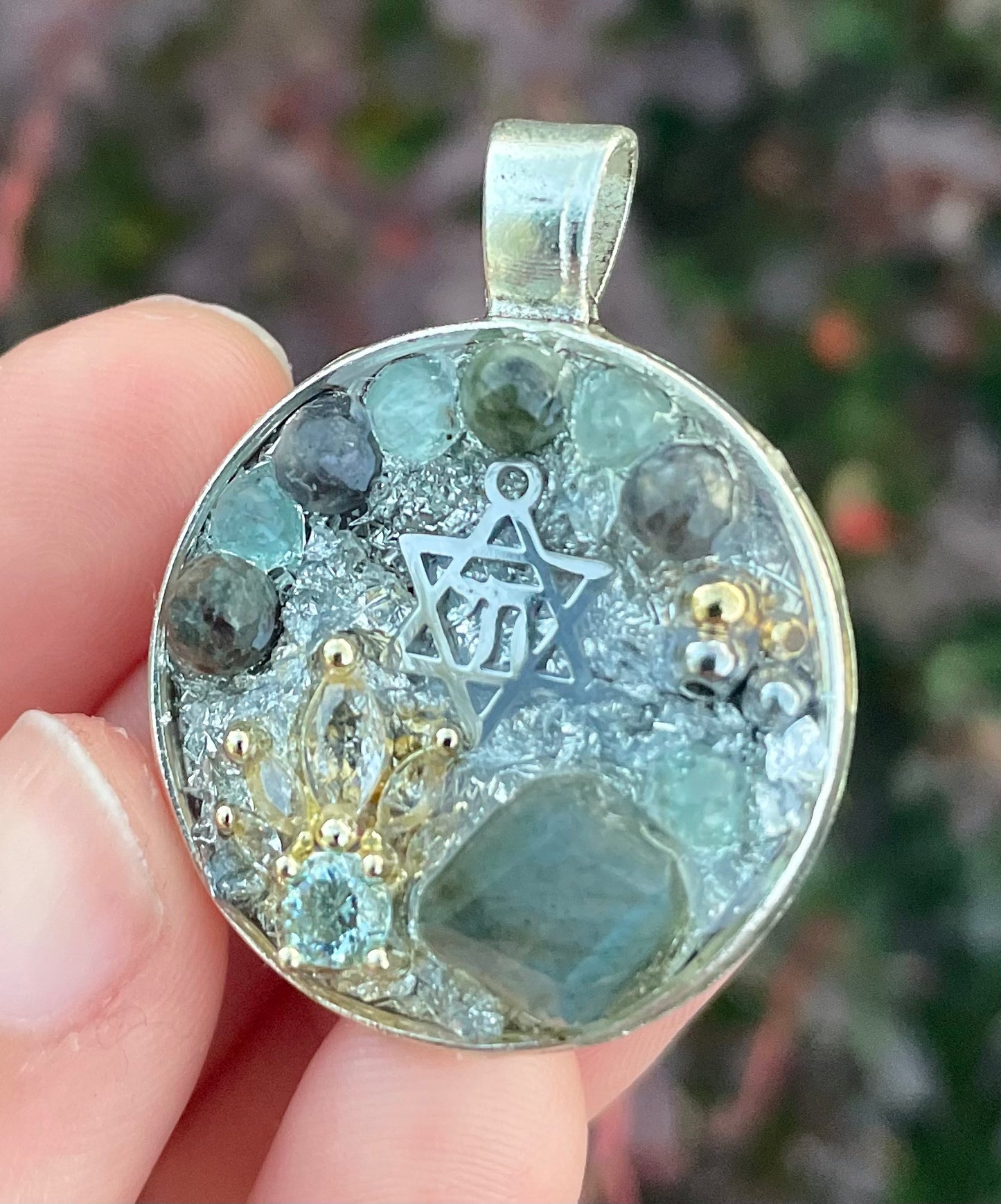 Silver Chai Magen David, Labradorite, Kyanite & Green Agate Gemstones Pendant