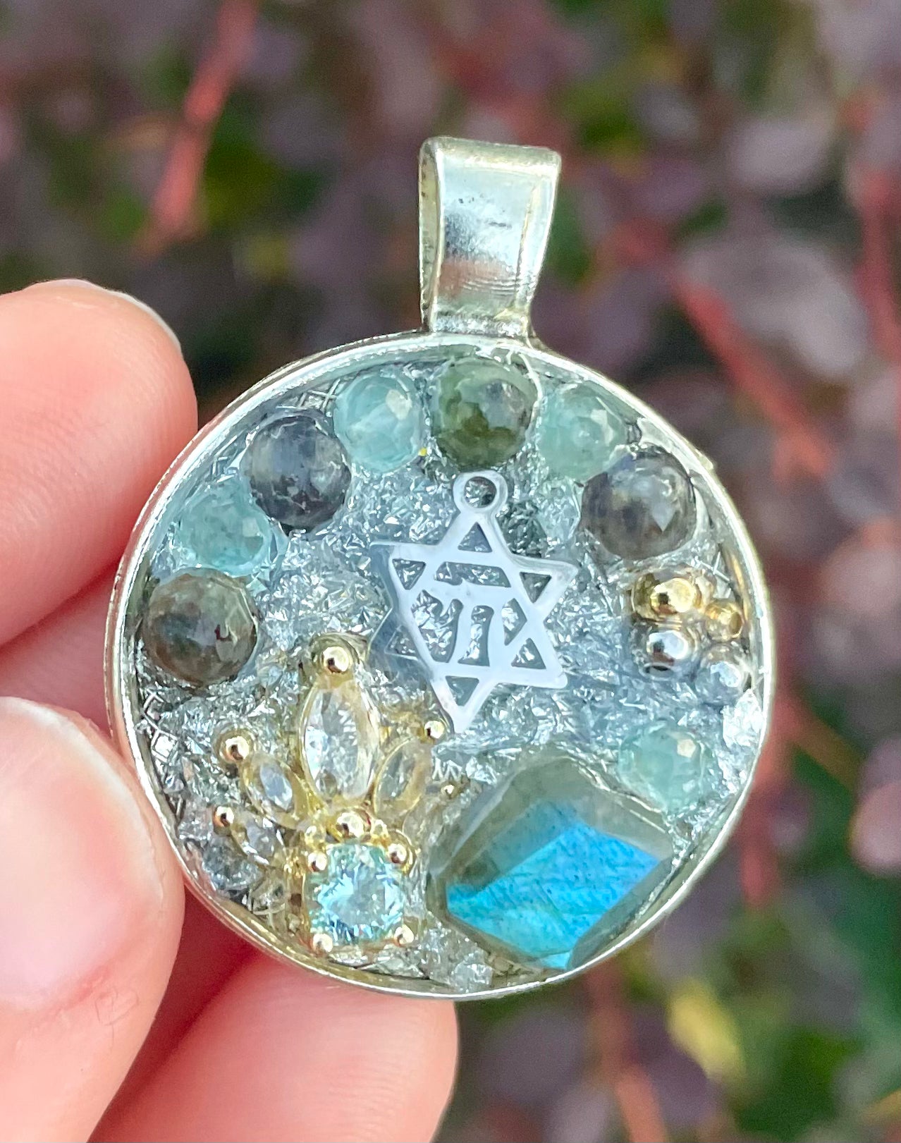 Silver Chai Magen David, Labradorite, Kyanite & Green Agate Gemstones Pendant