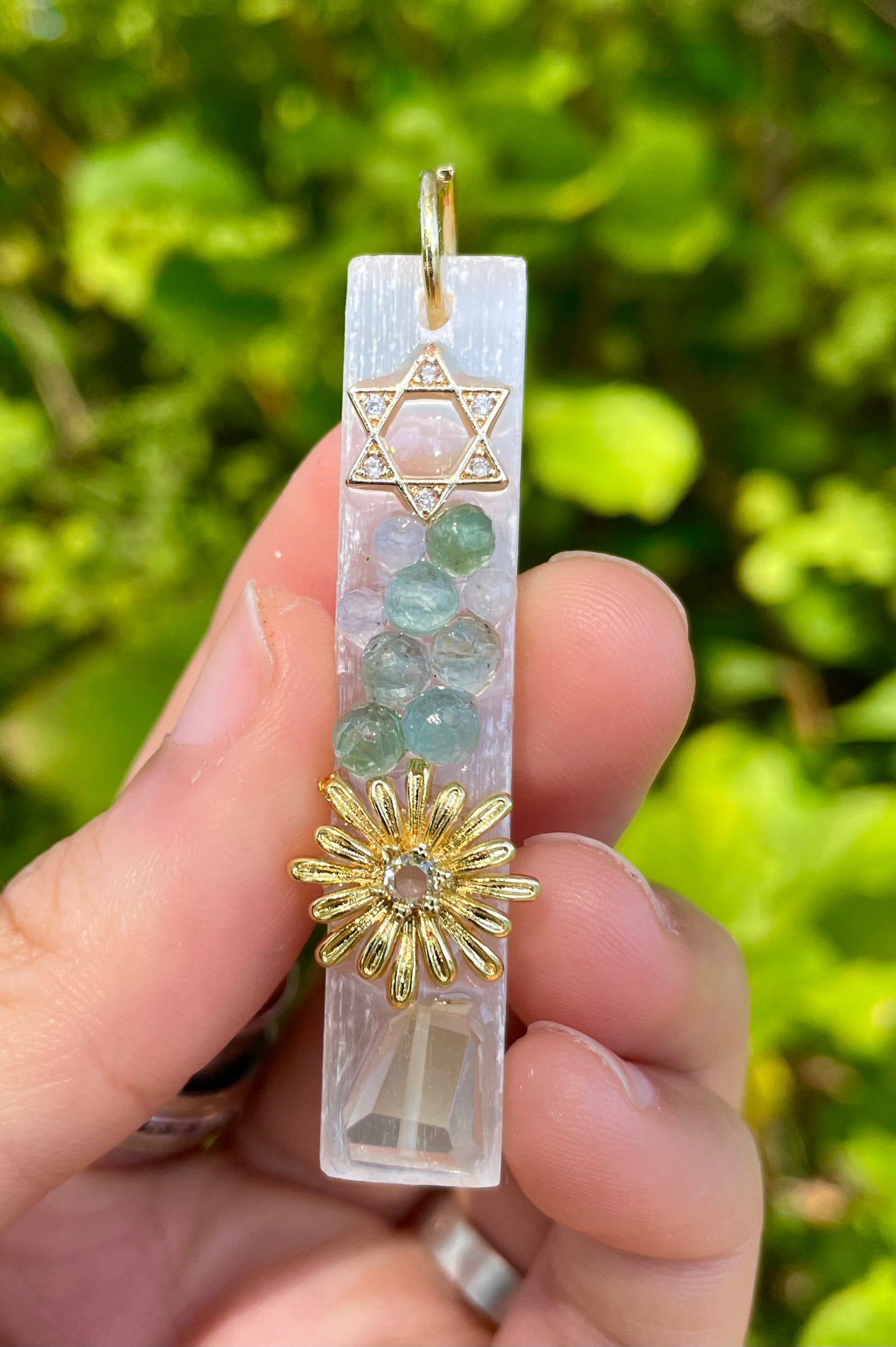 Selenite White Crystal Pillar, Magen David, Kyanite Beads and Sunflower Pendant