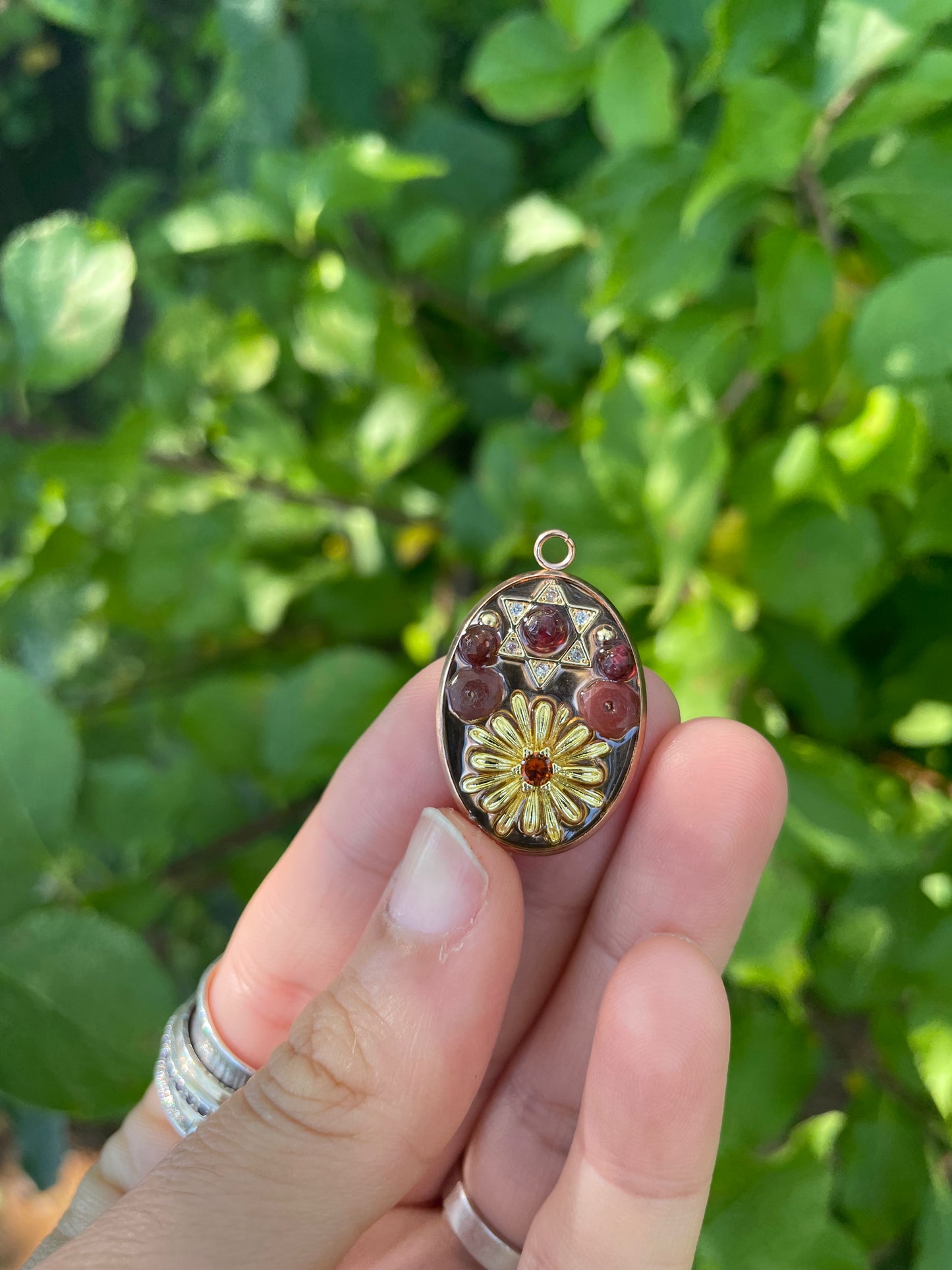 Magen David, Garnet and Red Agate Gemstones, Gold Plated Flower with Red Zirconia