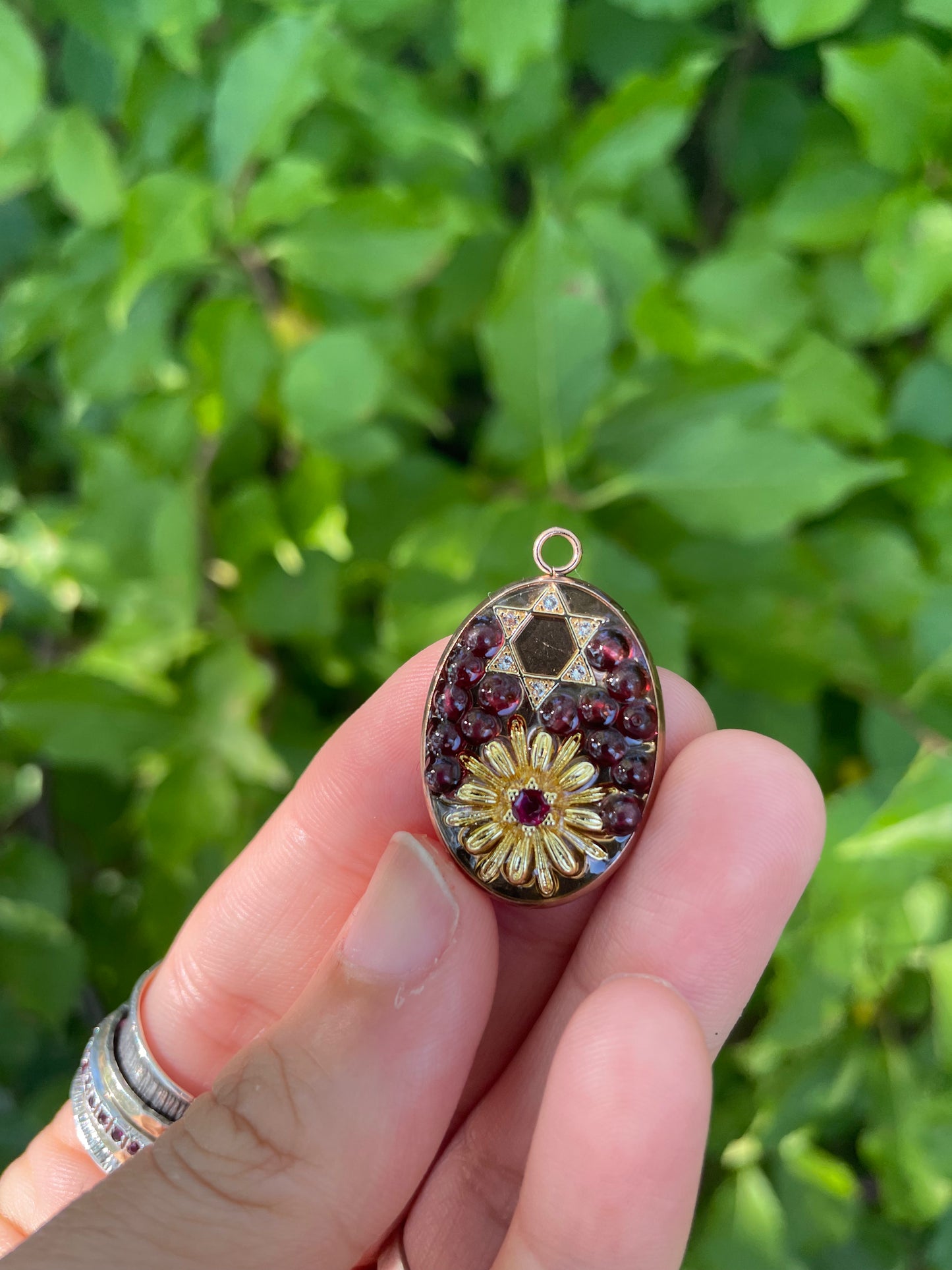Magen David, Garnet Gemstones, Gold Plated Flower with Red Zirconia