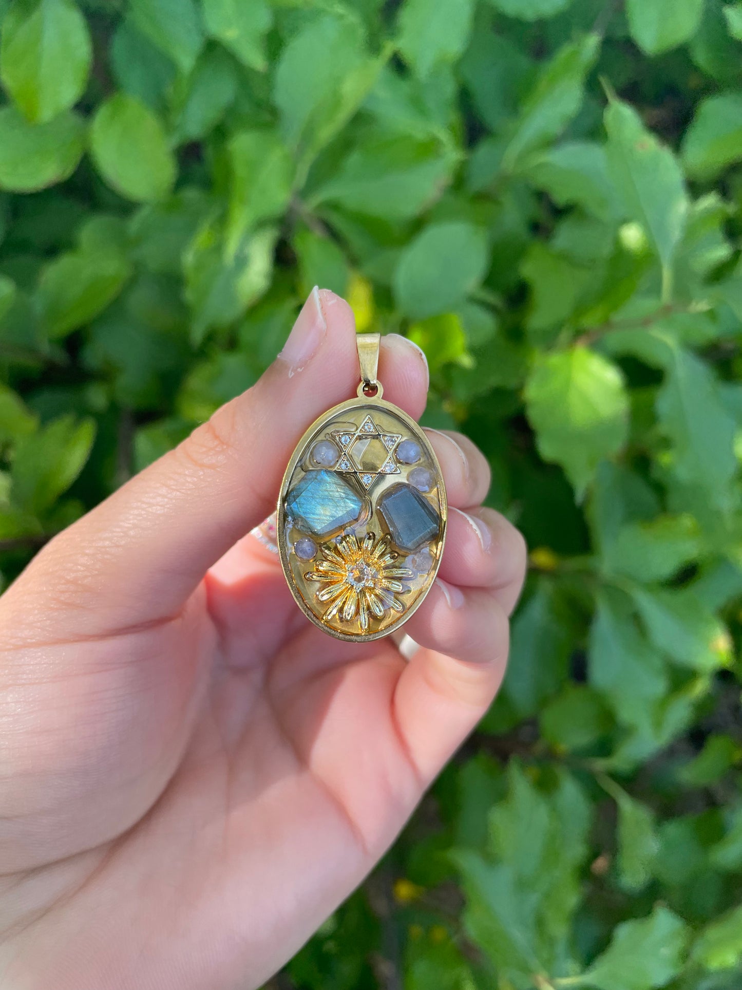 Labradorite and Tanzanite Gemstones Sunflower Magen David Zirconia Pendant