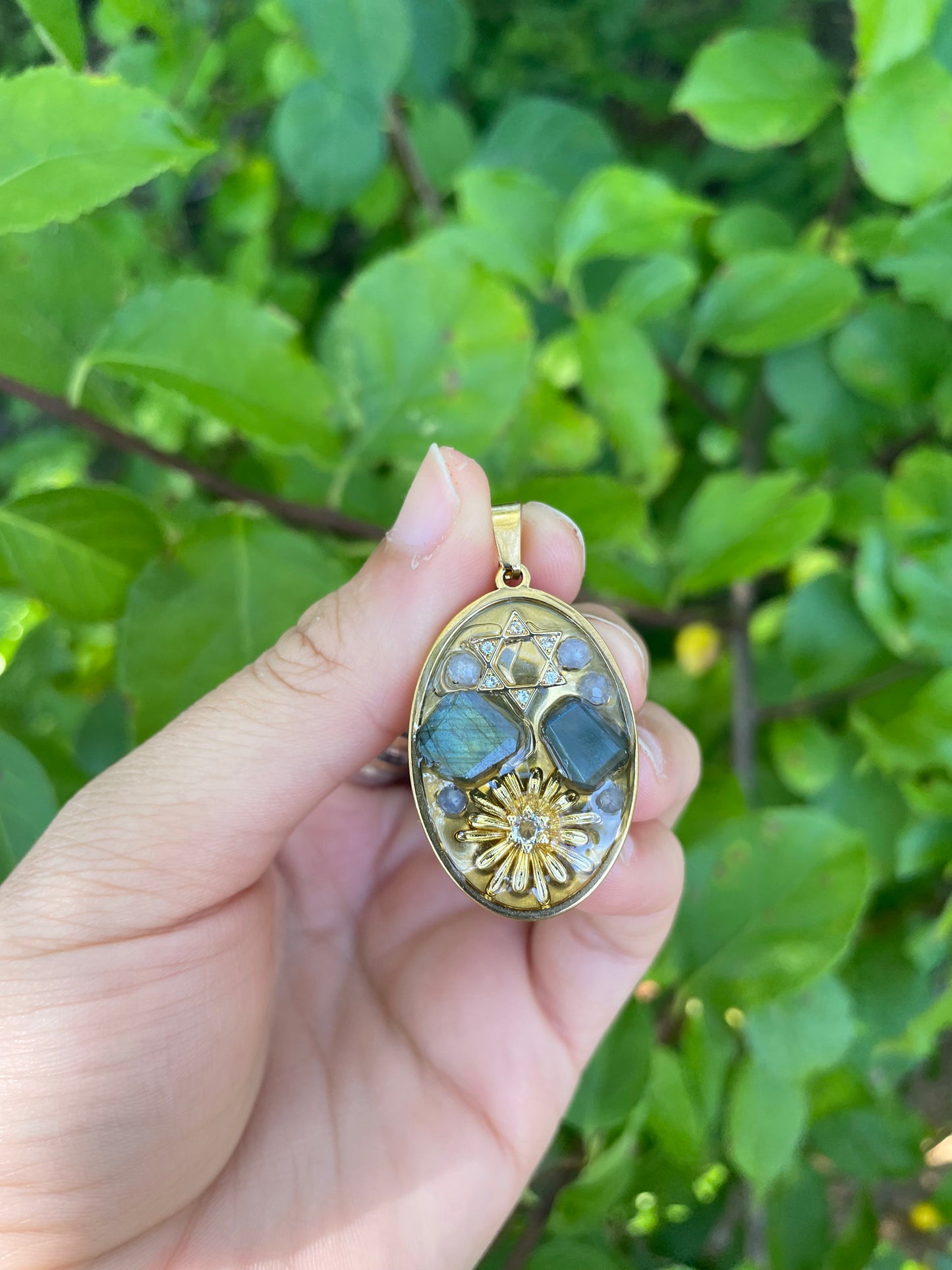 Labradorite and Tanzanite Gemstones Sunflower Magen David Zirconia Pendant