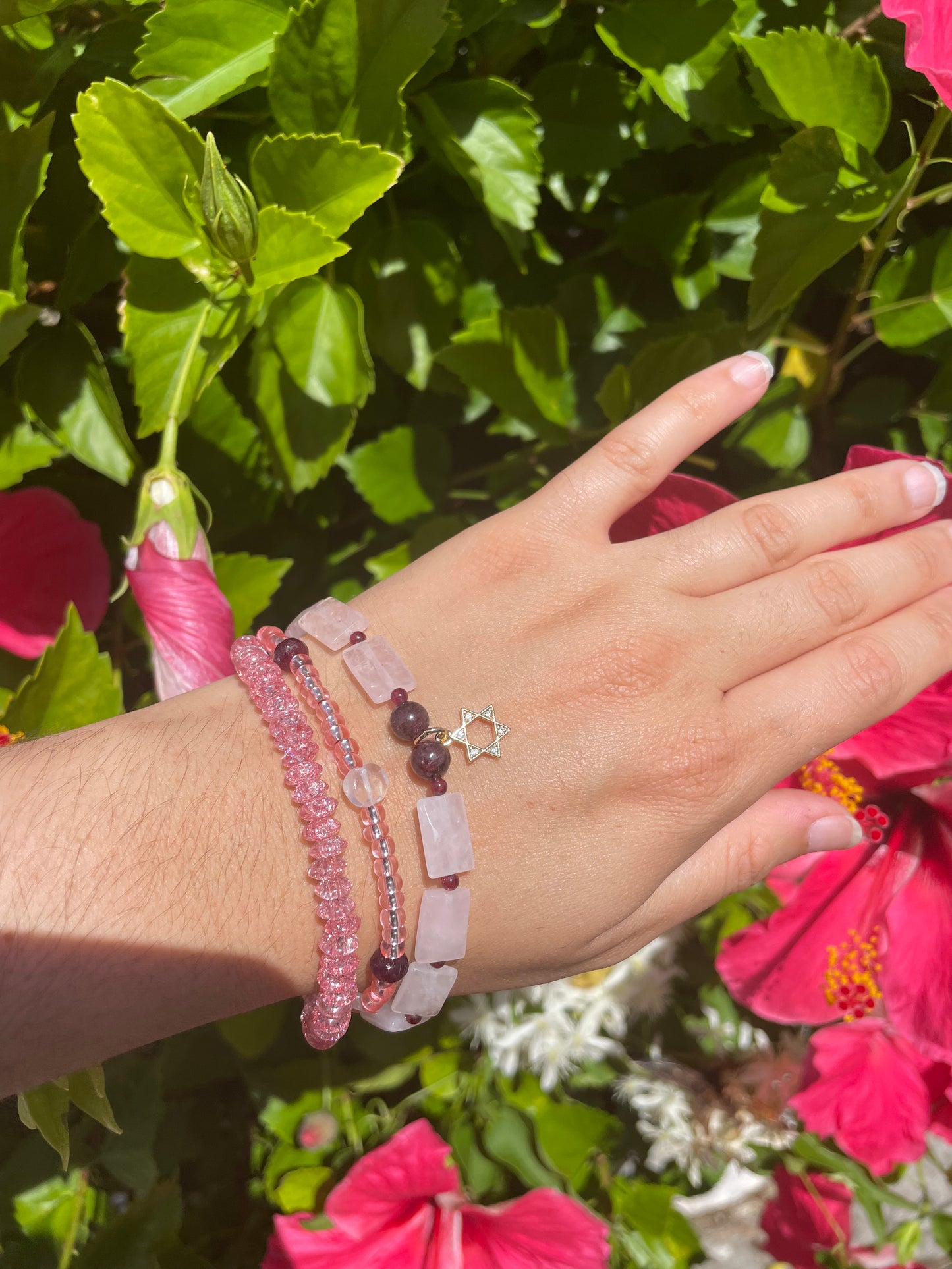 3 Layers Rose Quartz, Garnet Gemstones and Pink Glass Beaded Gold Plated Magen David Bracelet