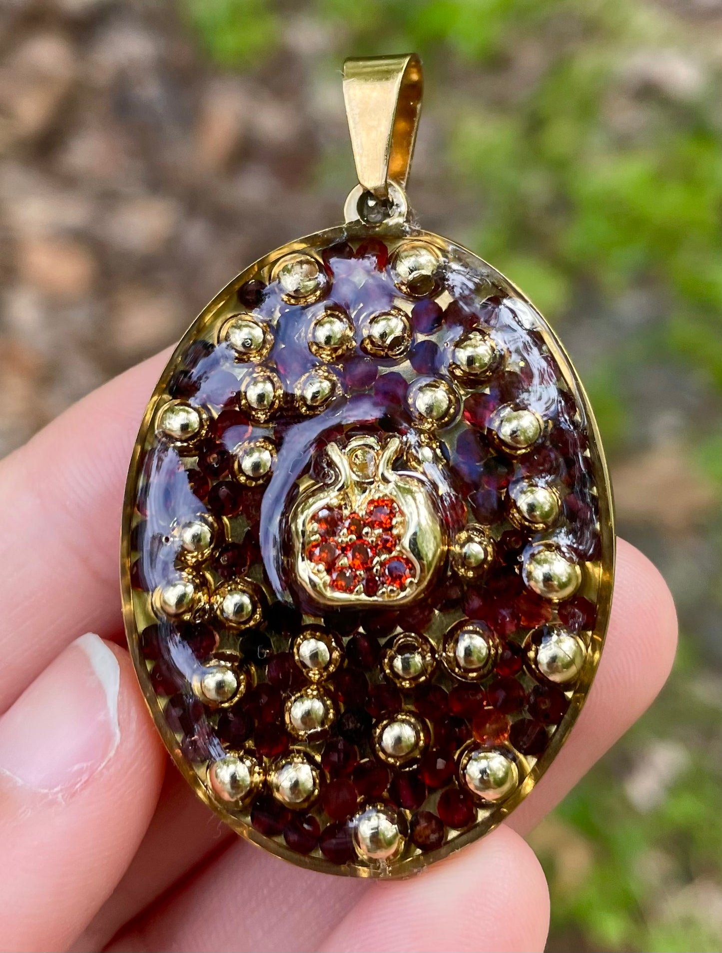 Large Pomegranate, Garnet Gemstones and Gold plated Beads Resin Pendant
