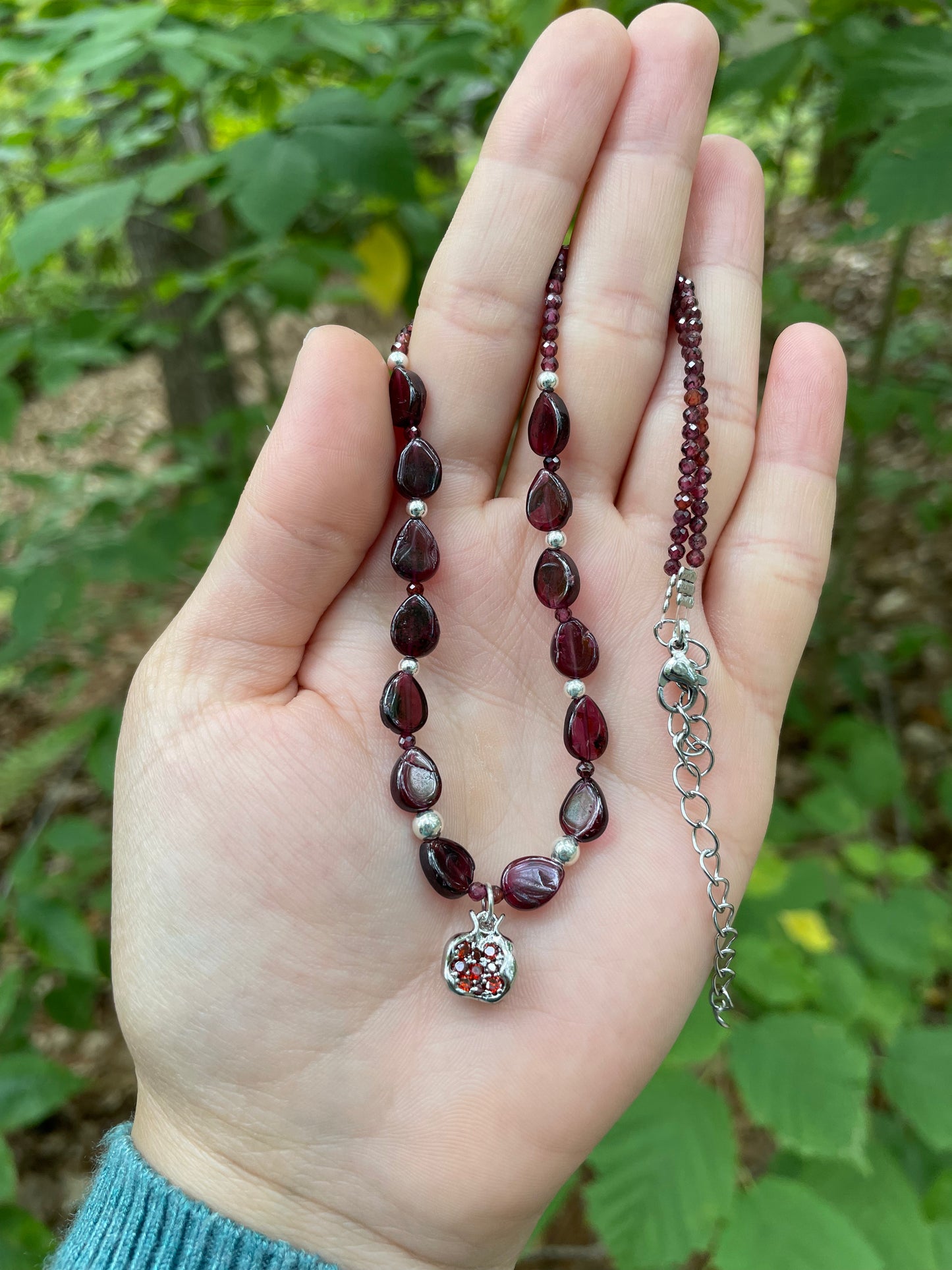 Sterling Silver Garnet Gemstones Beads Silver Pomegranate Necklace