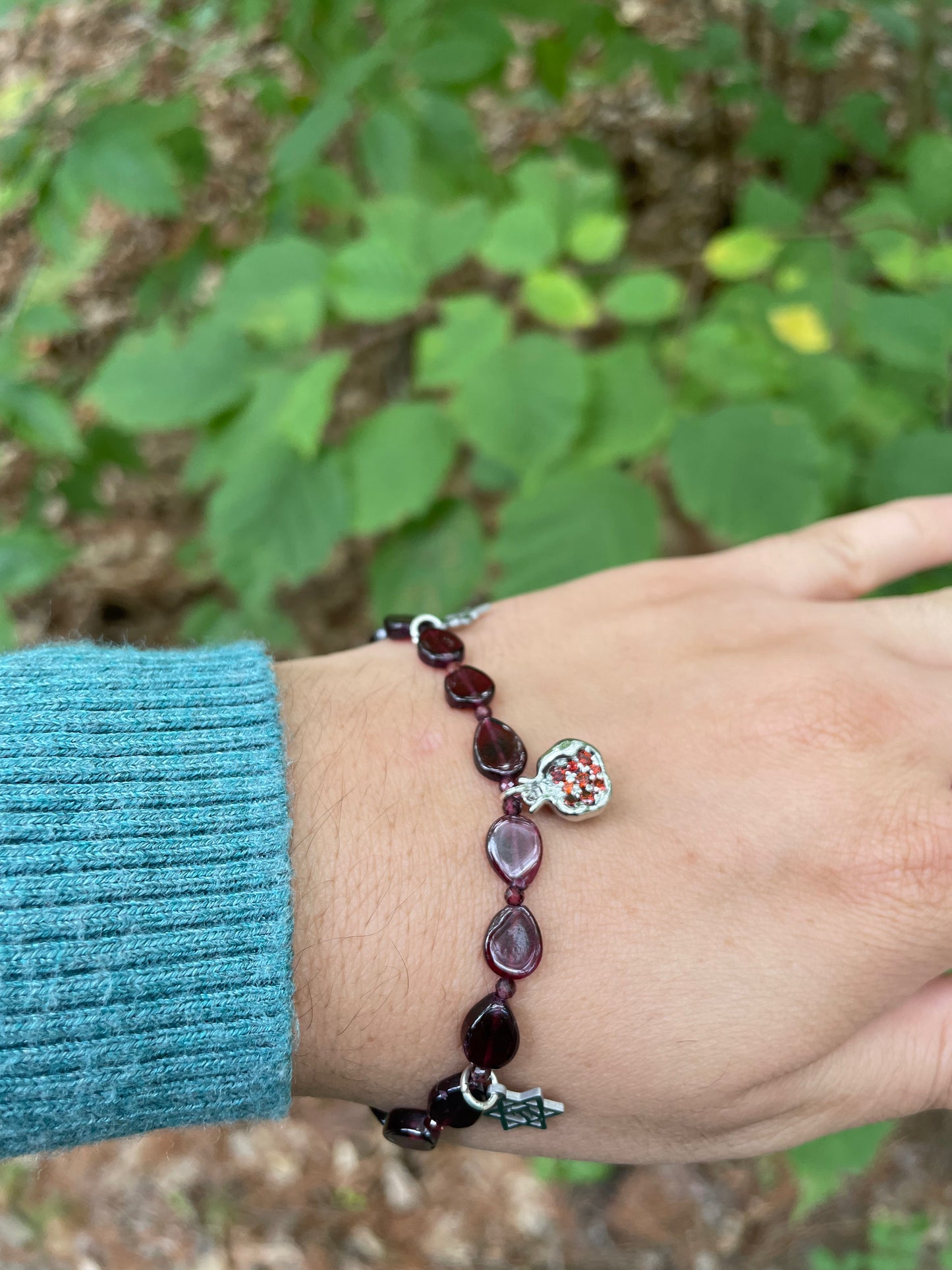 Garnet Gemstones Pomegranate, Chai & Magen David Bracelet