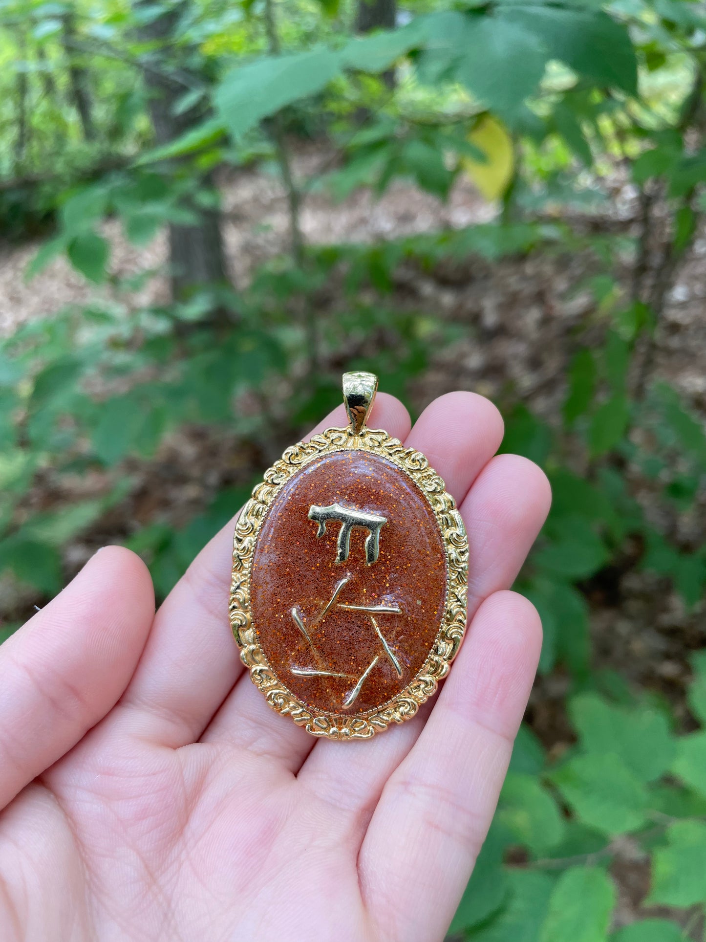 Orange Shine & Israeli Sand Chai Magen David Gold plated Resin Pendant