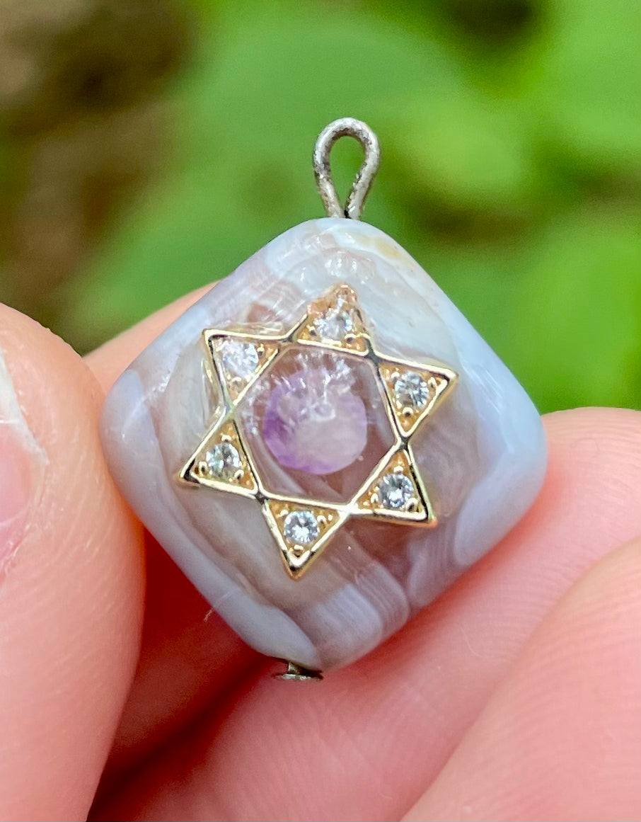 Purple Grey Agate and Amethyst Gemstones Magen David Pendant (beaded chain)