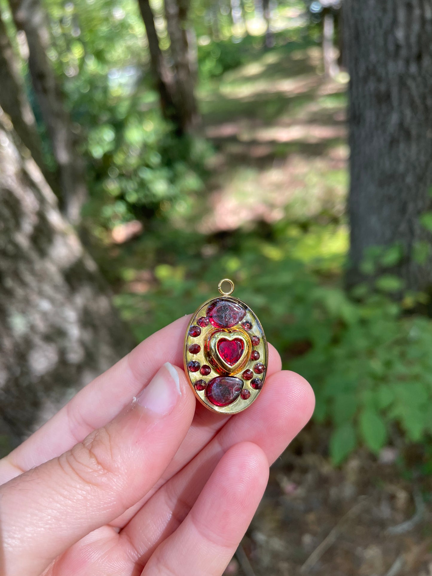 Zirconia Red Heart and Garnet Gemstones Gold Plated Resin Pendant